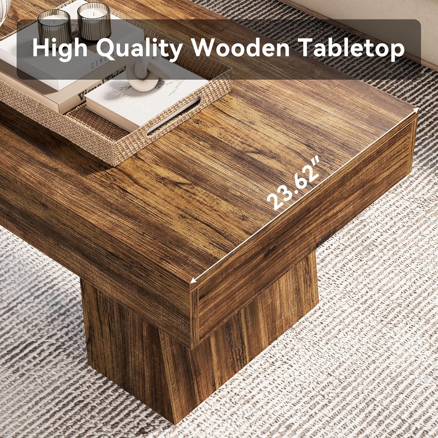 LITTLE TREE Farmhouse Coffee Table, 47 Inches Living Room Table, Rectangular Wooden Accent Center Tables with Thick Base, Modern Low Cocktail Tea Furniture for Living Room (Walnut Brown)