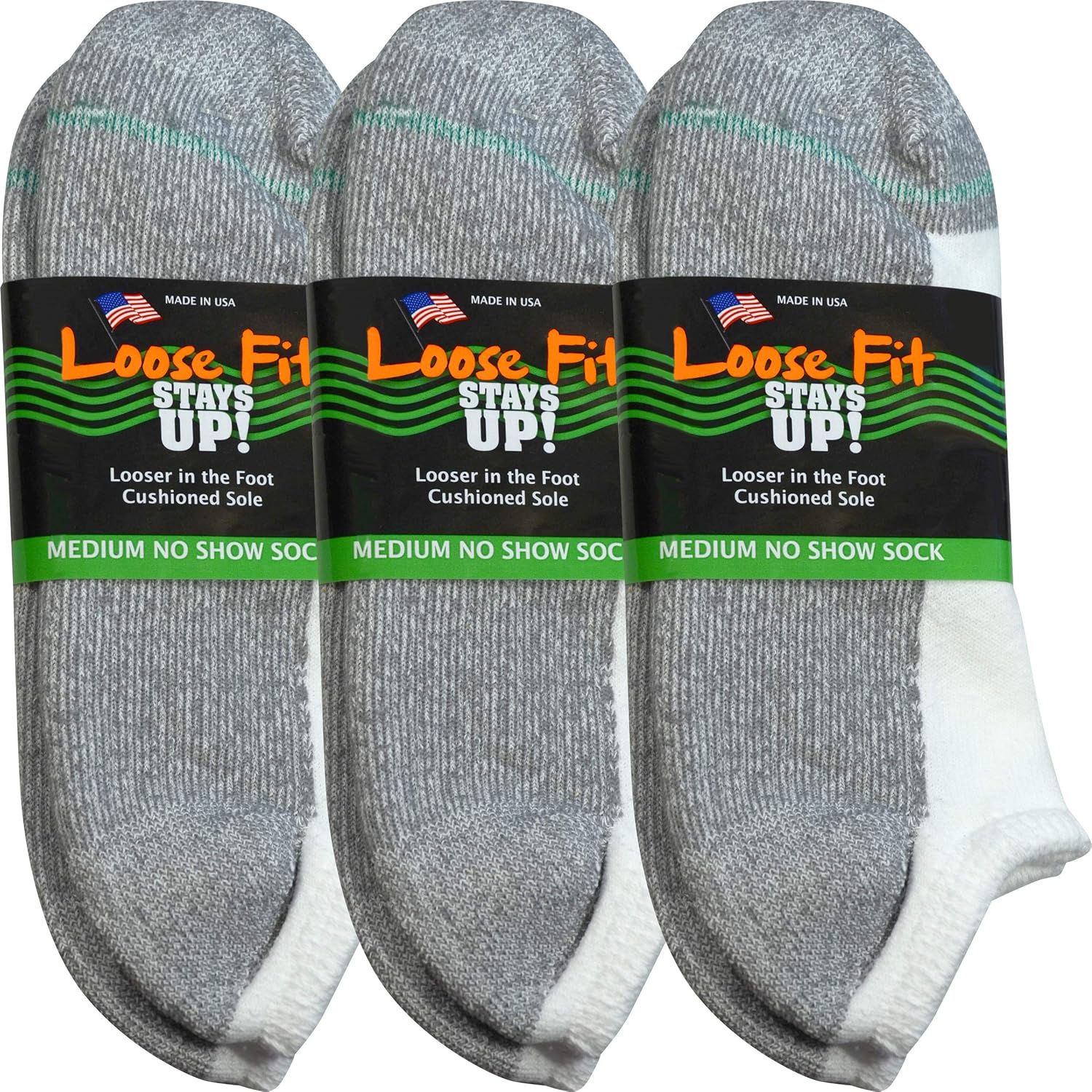 Loose Fit Stays Up Cushioned No Show Socks (Pack of 3)
