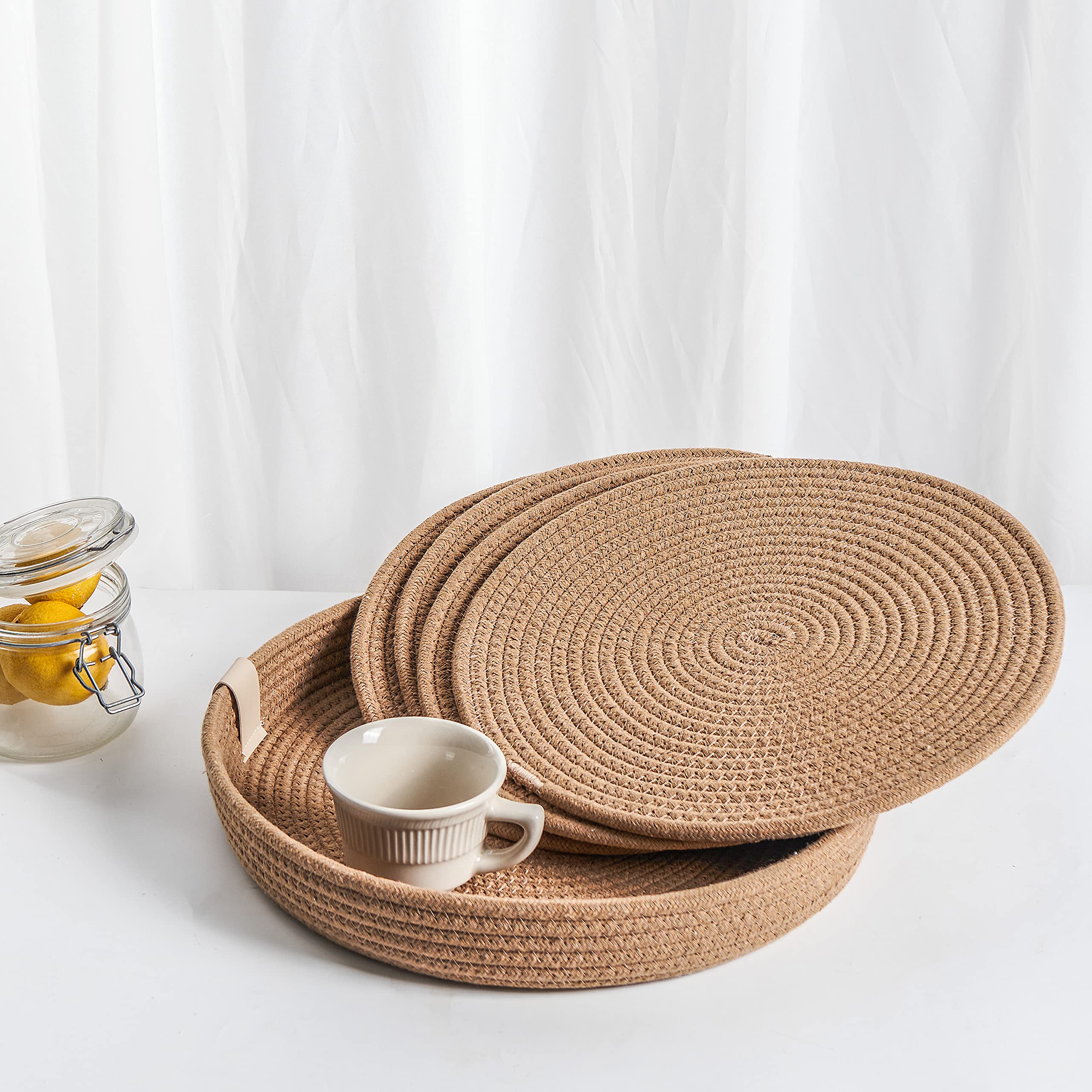 art pinecone's woven cotton rope round placemats set of 4 with holder included, non-slip and heat resistant for your perfect table decor!(13 inch, beige)
