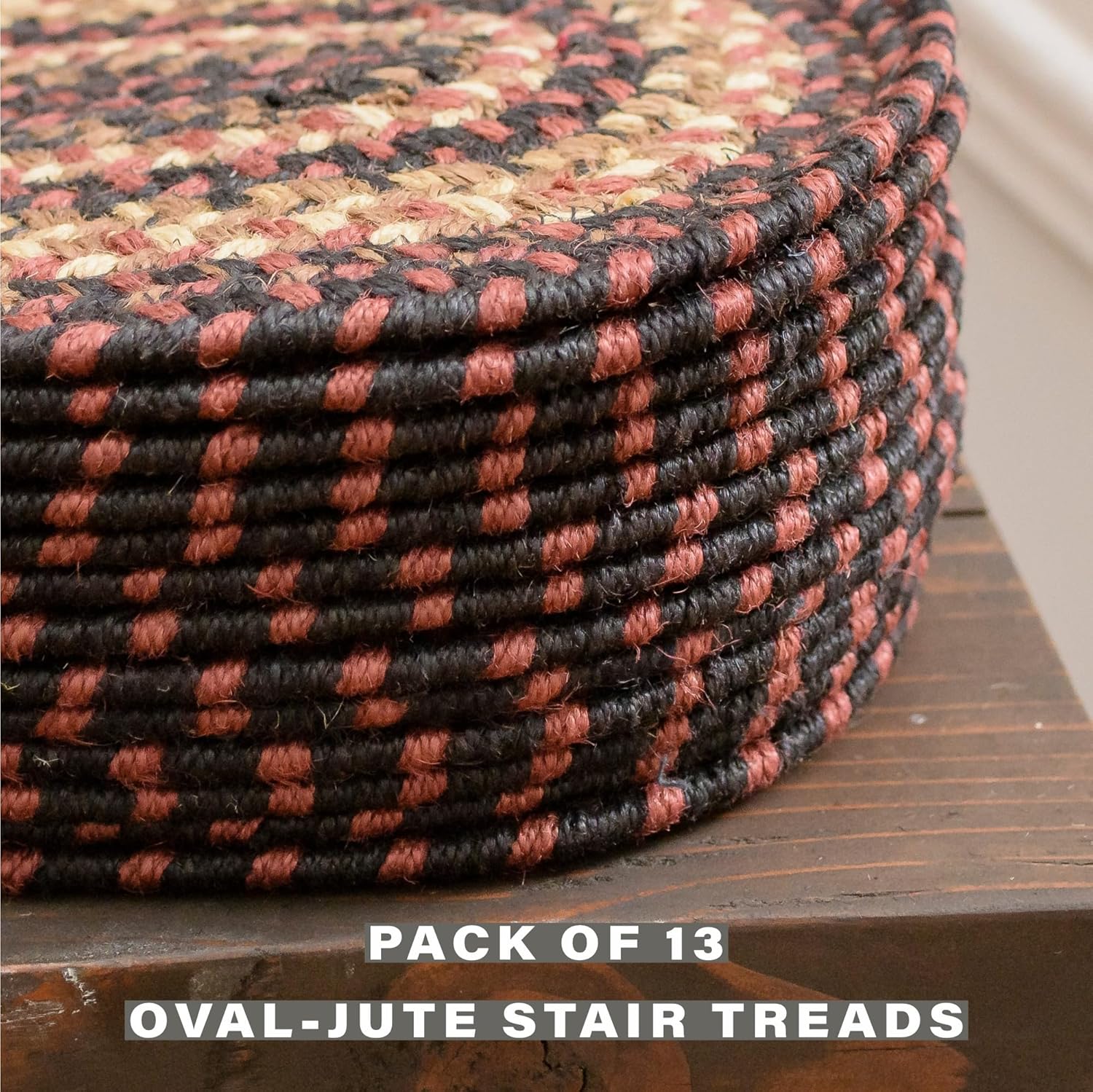 Homespice Prescott Jute Braided Staircase Step Treads, Country Primitive Decor, Set of 13, Black and Red 8x28 Oval Rug for Stairs - Easy to Clean, Tightly Stitched and Durable