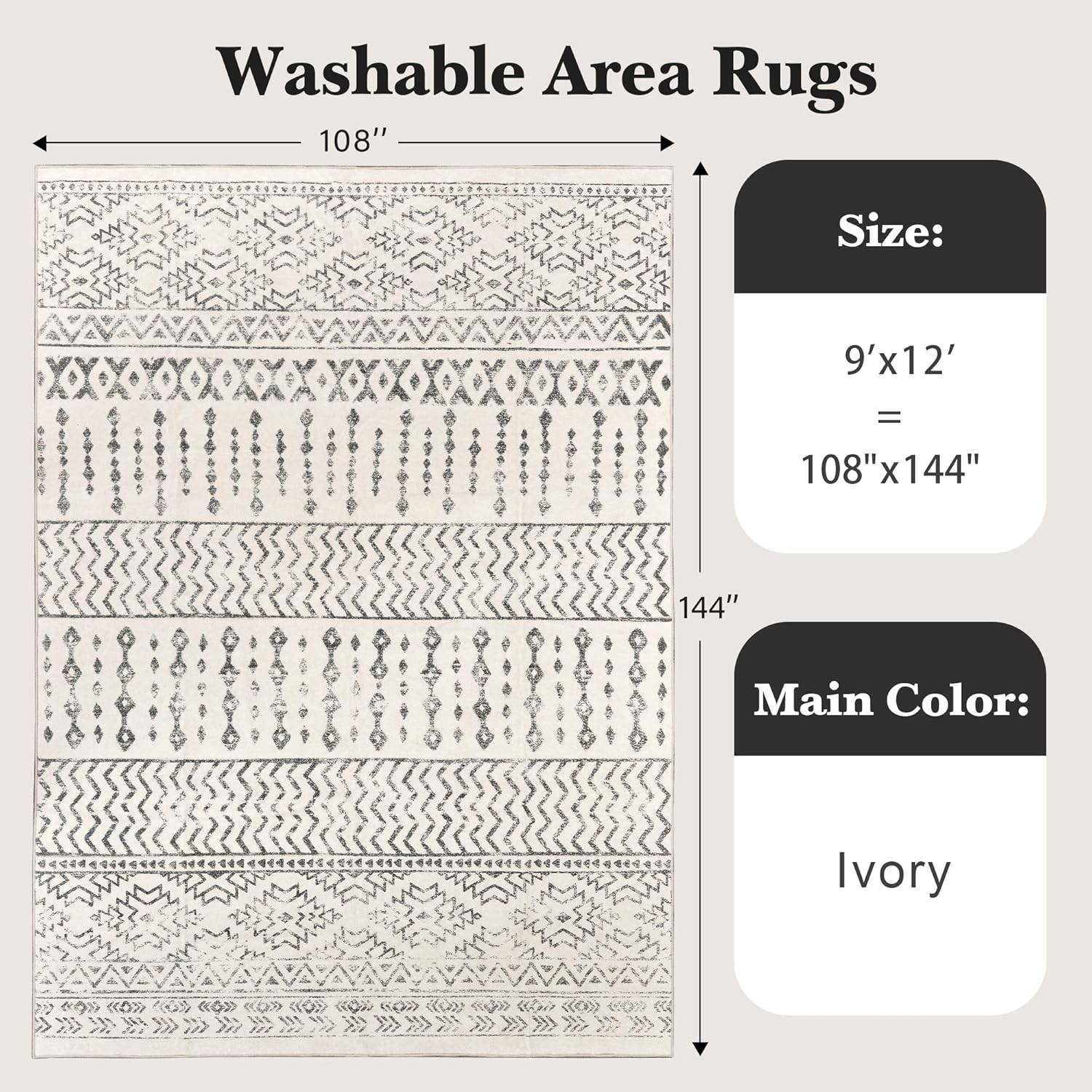 art&tuft 9x12 area rug, super soft ultra-thin moroccan washable rug, anti-slip backing area rugs 9x12 living room, foldable geometric machine washable area rug(9'x12', ivory) ivory 9' x 12' (rectangular)
