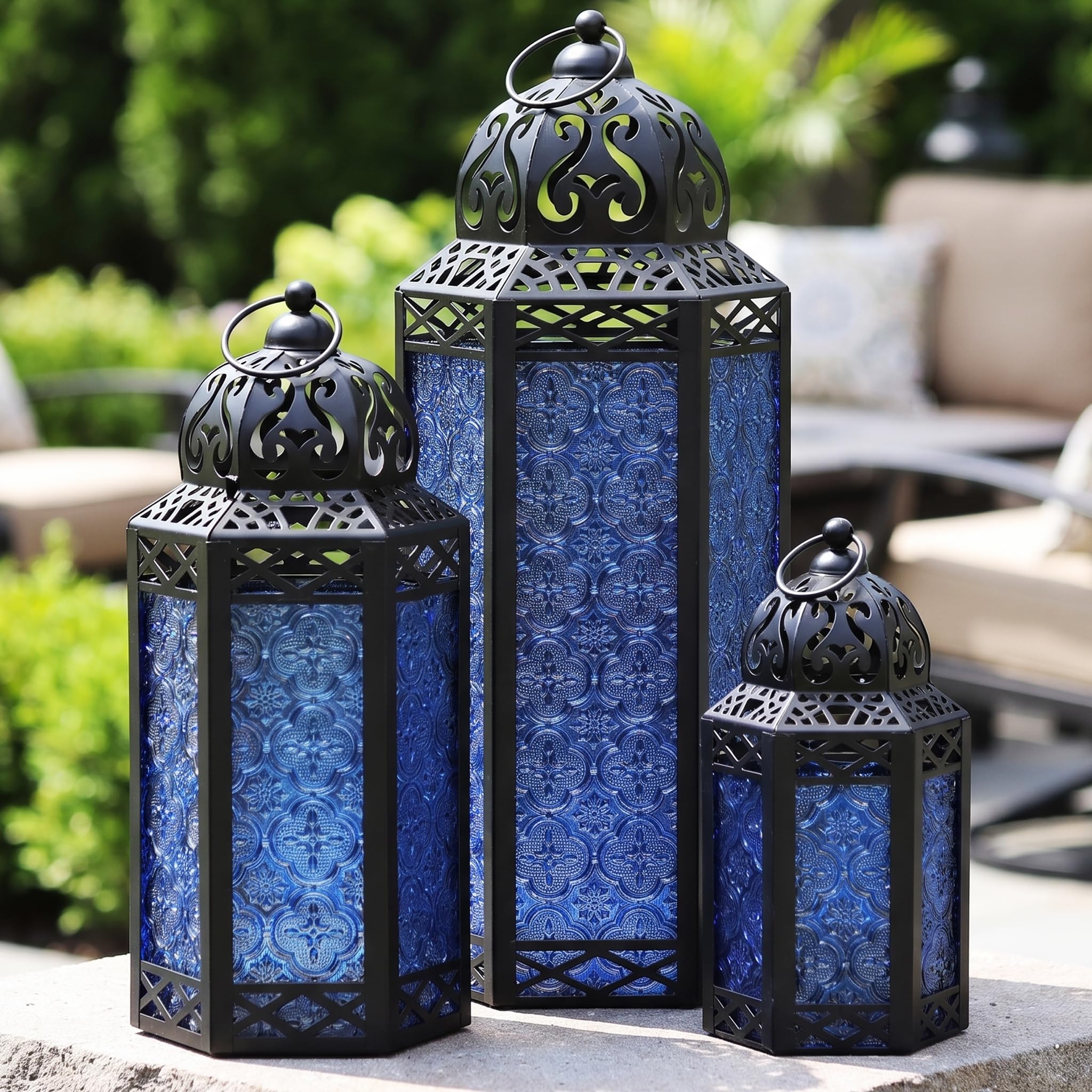 Vela Lanterns Juego de 3 faroles portavelas marroquíes Decorativos para Suelo, decoración de Ramadán, decoración Interior del hogar, Patio al Aire Libre o Porche, Bodas, Cobalto