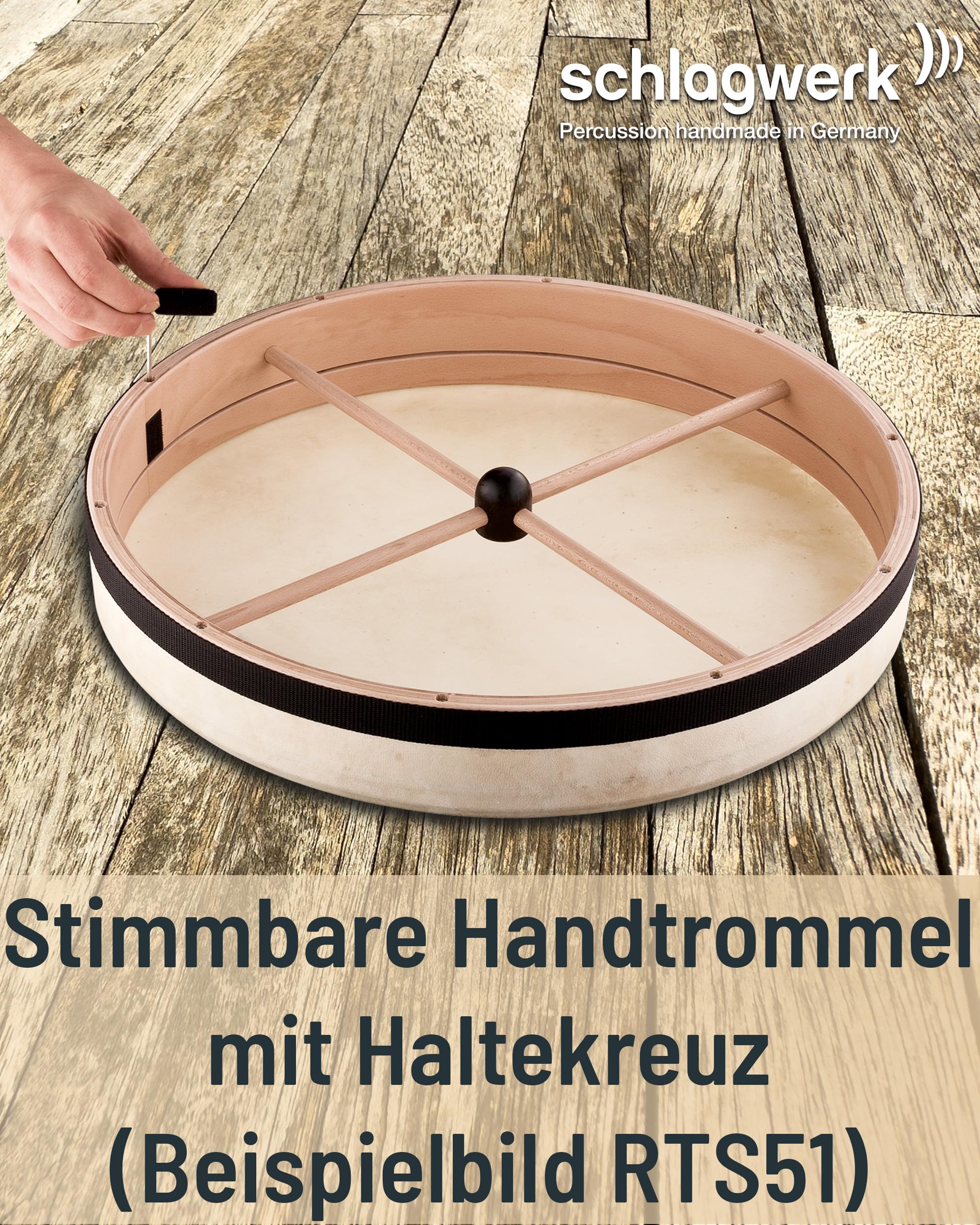 Schlagwerk RTS41 Rahmentrommel Frame Drum Natural -Handtrommel mit Haltekreuz - ⌀ 40 cm / 16 Zoll / 8 cm hoch - Ziegenfell, stimmbar - Buchenholz - Schamanentrommel Made in Germany