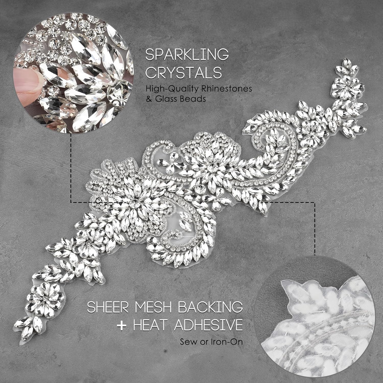 Handcrafted Rhinestone Beaded Appliqué Patches 1 Pair, Versatile for Evening Dresses, Bridal Gowns, Dance Costumes, Adds Sparkle to Garments, Easy to Attach Suitable for Sewing & Gluing