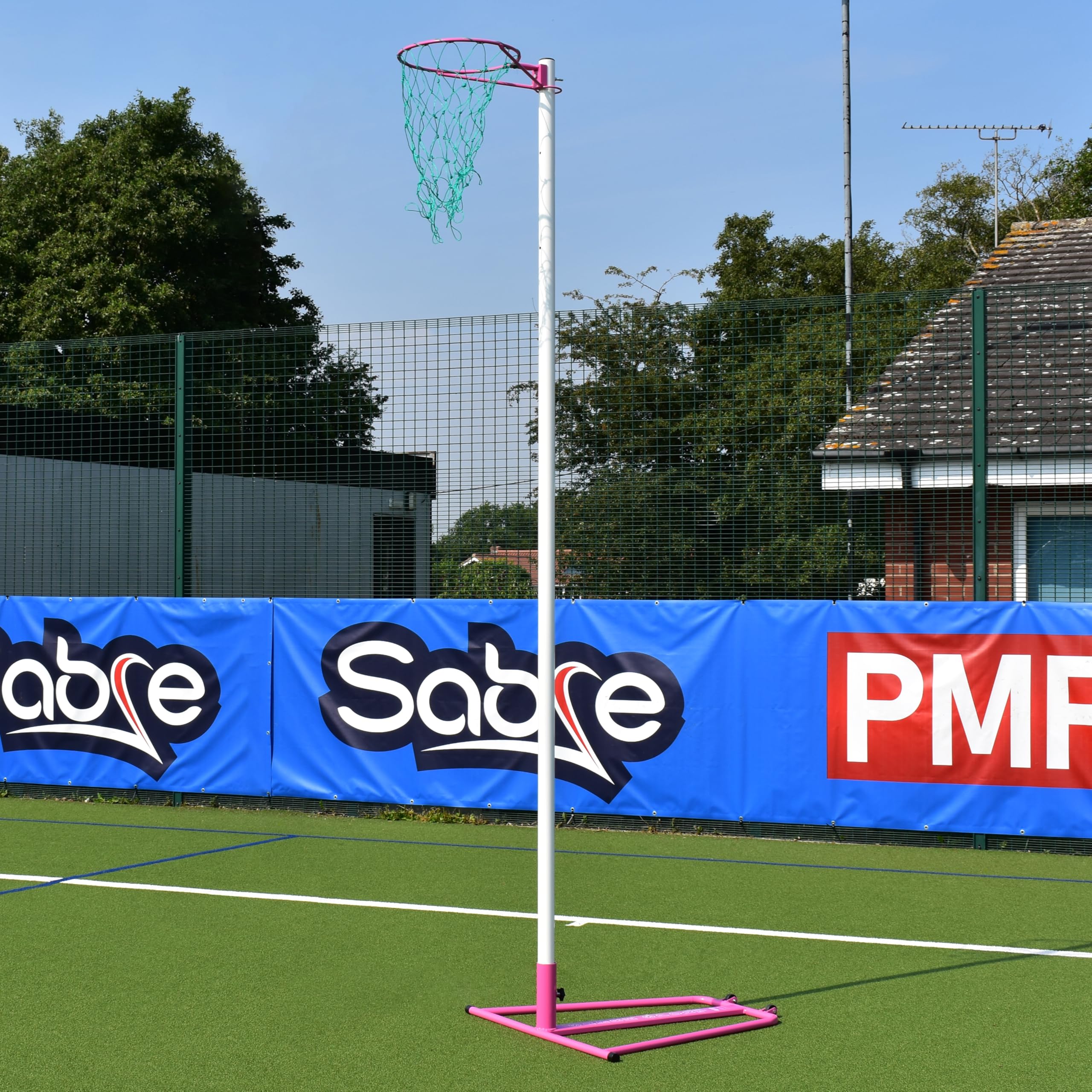 Sabre Club Wheelaway School Netball Post, Heavy-Gauge Steel, Pink & White, Adjustable Height 2.4-3m, Single Post