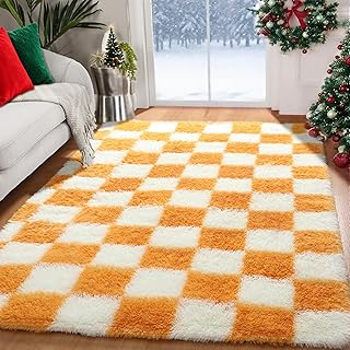 KICMOR 4x6 Rugs for Bedroom Living Room, Orange and Cream White Fluffy F...