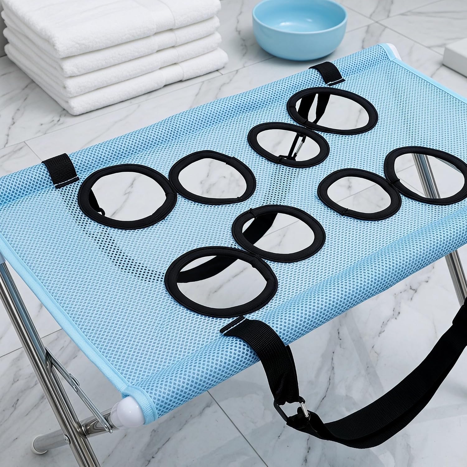 FUOYLOO Portable Sky-Blue Sling Bed for Cats and Small Dogs with Foldable Stainless Steel Hammock-Style Grooming Stand, Adjustable Straps, and Thick Breathable Mesh for Professional Salons