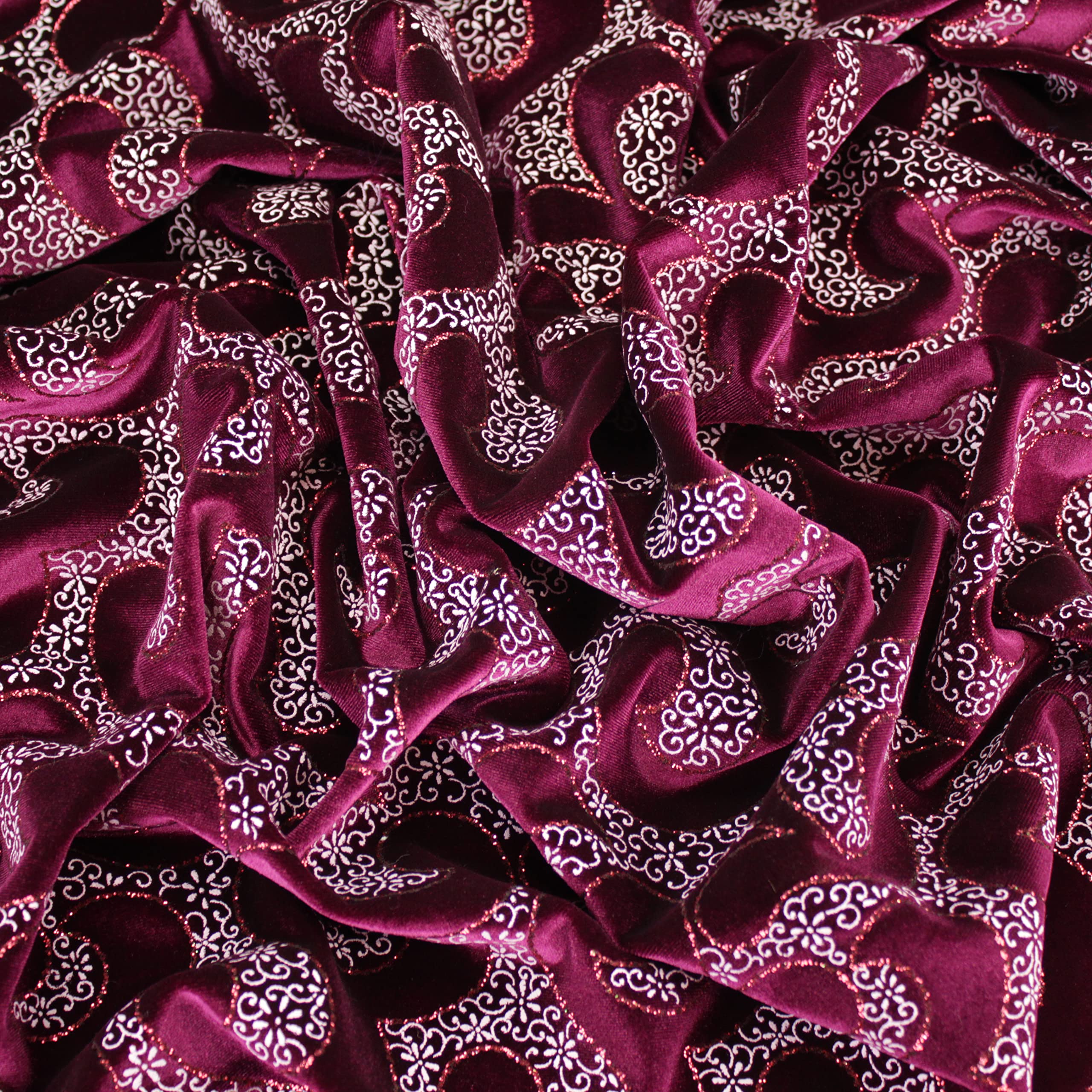 TERCIOPELO ELÁSTICO POR METROS CON ESTAMPADO ABSTRACTO DE PURPURINA, ANCHO150cm (BURDEOS, 3)