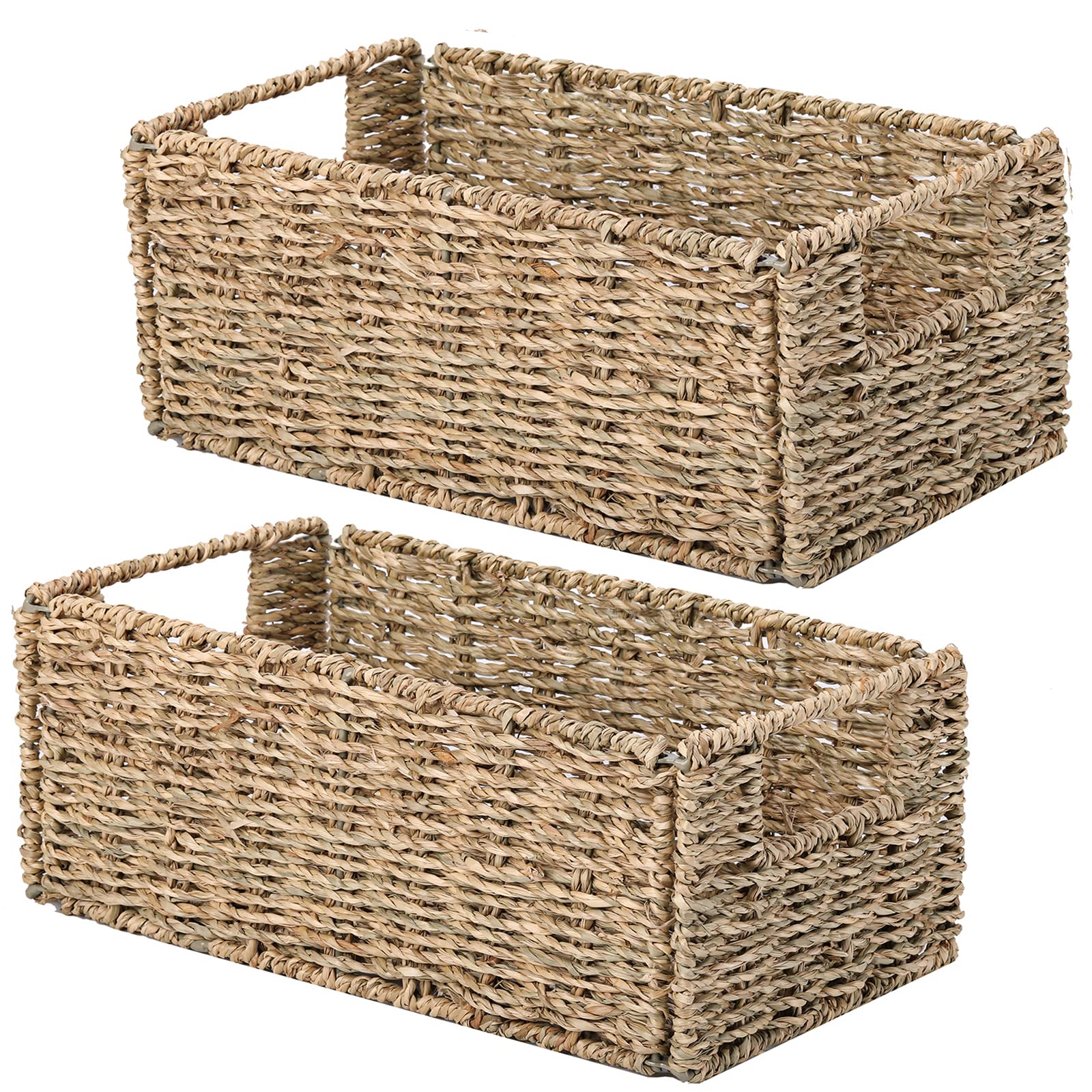 Vagusicc Wicker Storage Basket, Set of 2 Hand-Woven Storage Baskets for Organizing, Small Wicker Basket for Toilet Paper, Foldable Large Cube Storage Organizer Basket Bins for Shelves (Sea Grass)