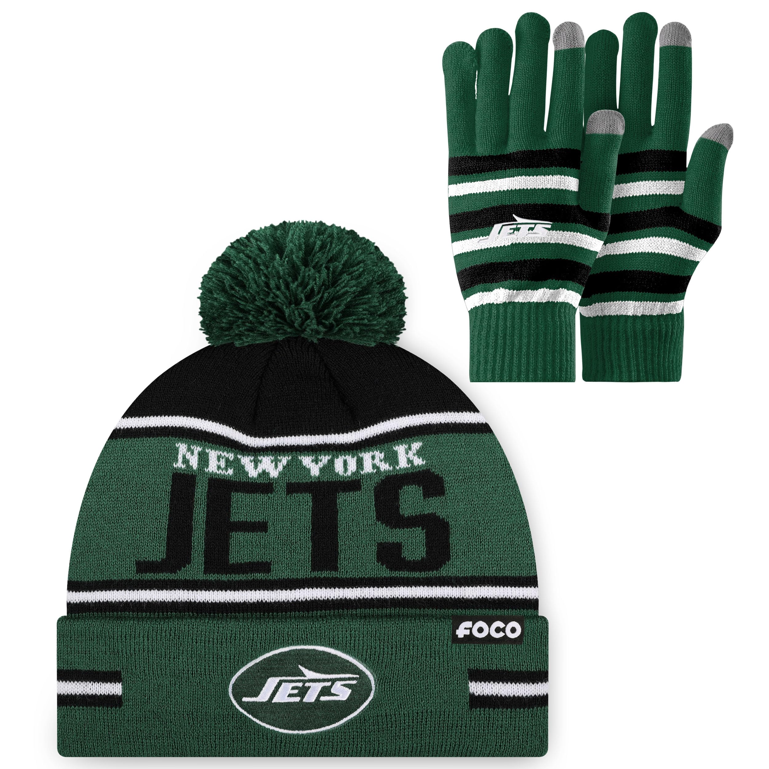 FOCO NFL unisex-adult Nfl Team Logo Adult Stretch Gloves With Big Wordmark Strip Pom Knit Hat Beanie Set