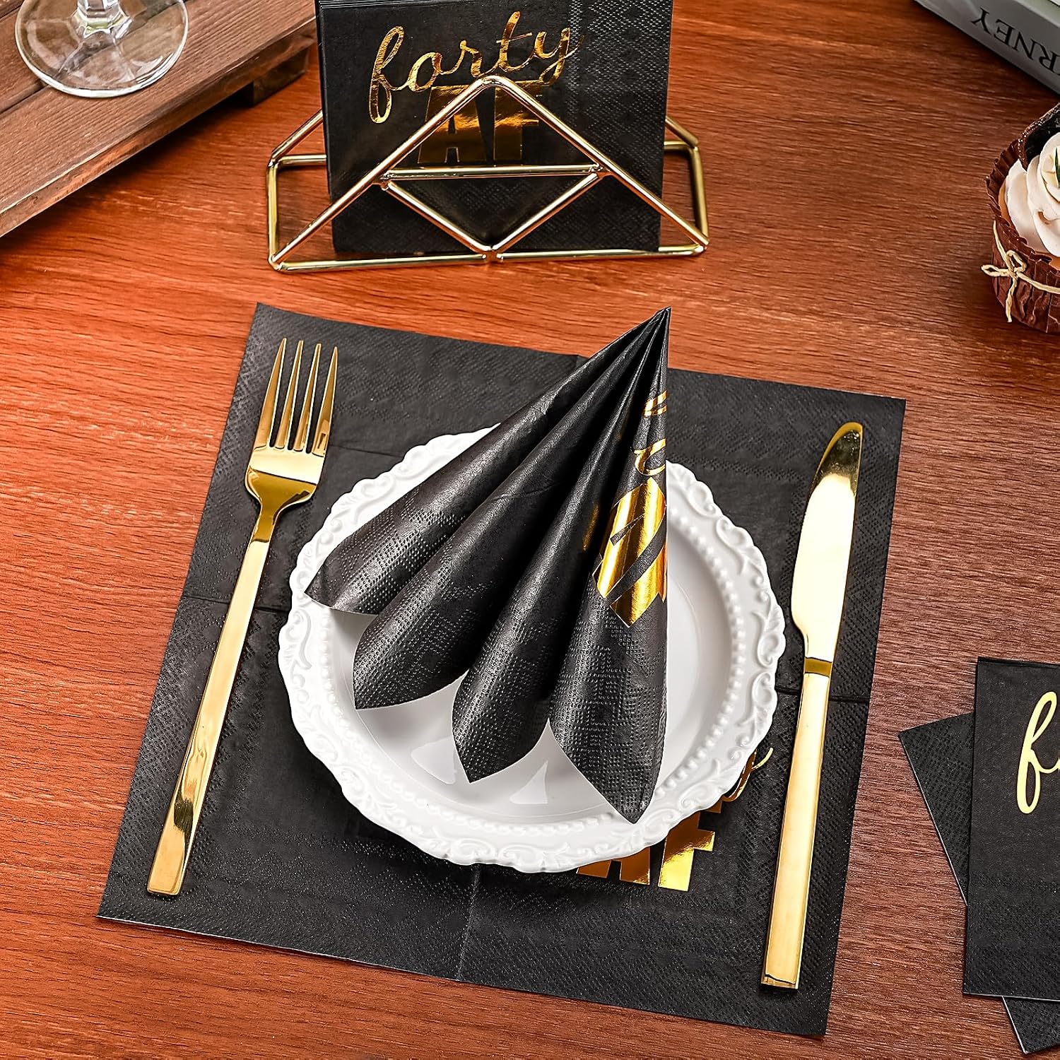WRAPAHOLIC 25Pcs 40th Birthday Cocktail Napkins - 3-Ply Black Gold Foil Forty AF Lettering Disposable Paper Napkins for Birthday Party Tableware Party Supplies - 5 x 5 In