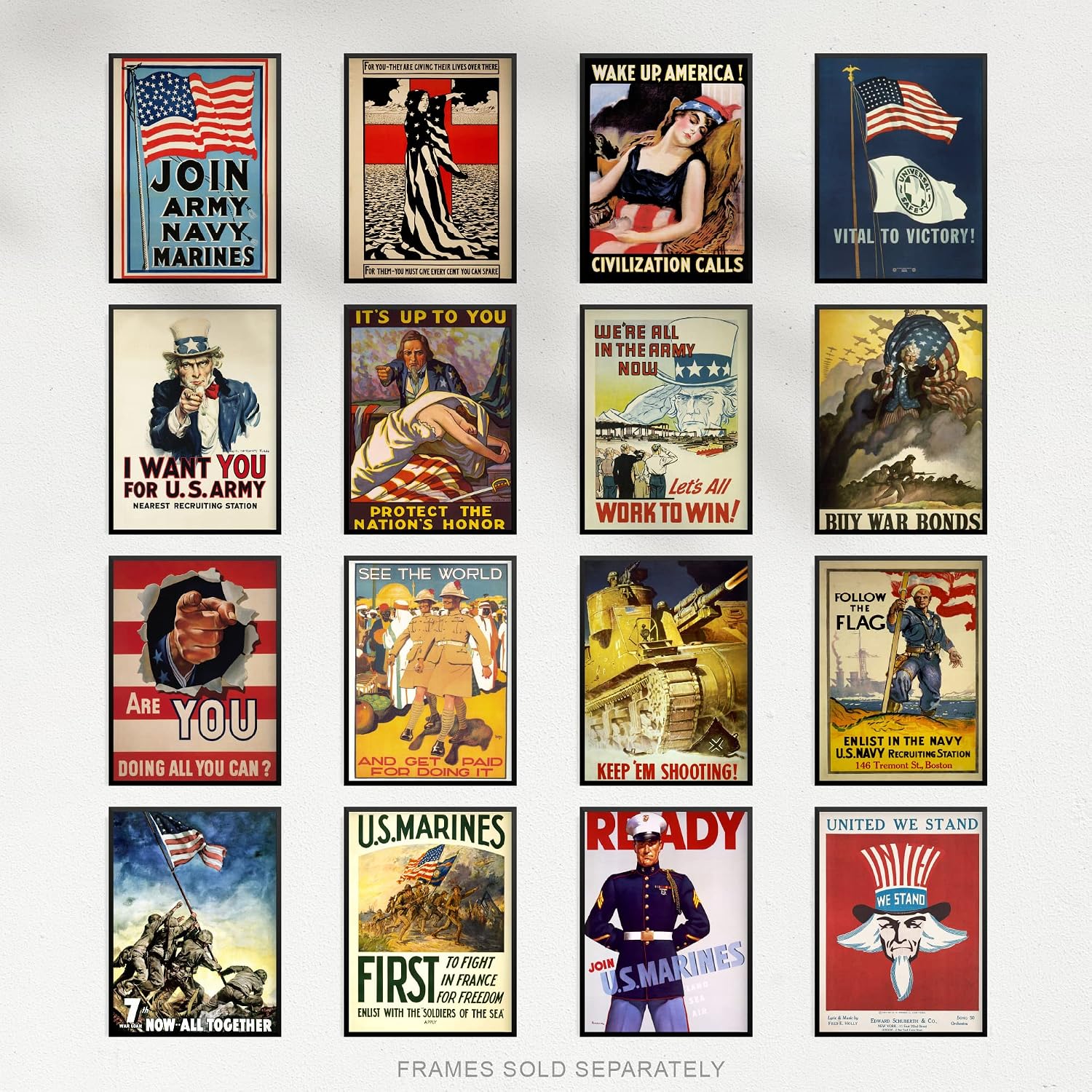 Artery8 Collection Of World War 2 USA Military Recruitment Posters Set Of 16 Unframed Wall Art Prints Bathroom Bedroom Aesthetic War Bonds A4
