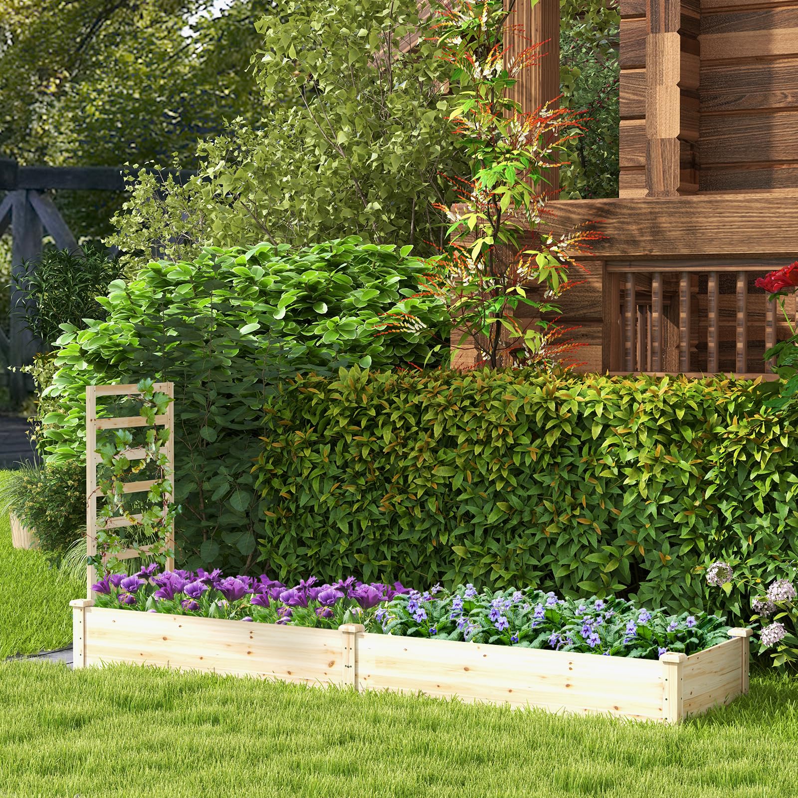 COSTWAY Fioriera da Esterno e Traliccio, Letto Rialzato in Legno per Fiori, Erbe, Verdure, Frutta e Viti Rampicanti, Aiuola Elevata da Giardino con Spalliera, 235CM x 63CM x 102CM (Naturale)
