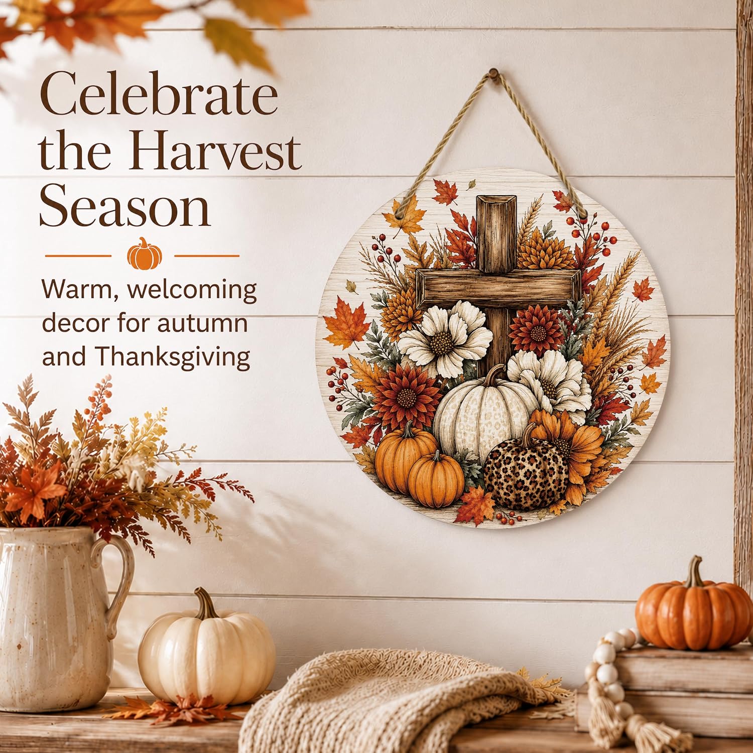 Wood Cross Welcome Door Sign, Fall Decorations for Home Pumpkin Decor image 3