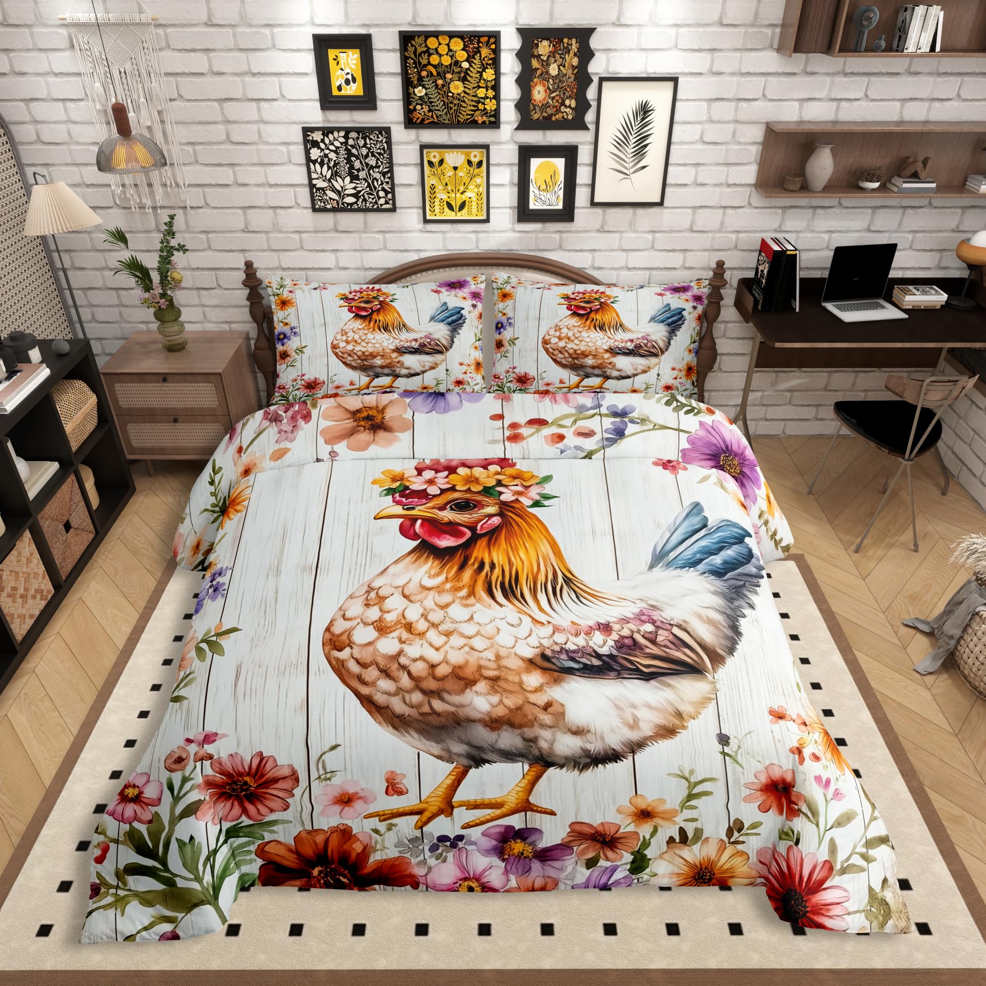 Homewish Huhn Bettwäsche 155x220 Kinder, Bunte Hähne Bettbezug Niedlich für Mädchen Jungen, Ästhetische Blumen Bett Set, mit 1 Kissenbezug Schlafzimmer, Holzbrett Dekor, Weiche Mikrofaser