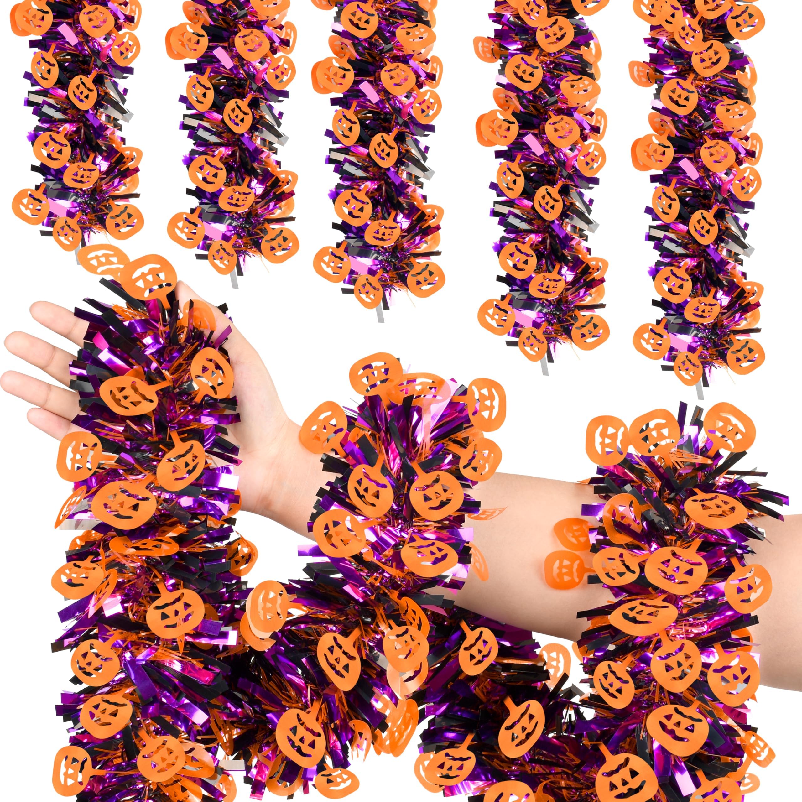 50FT Halloween Tinsel Garland, Thick Glitter Purple Orange Pumpkin Garlands Metallic Holiday Hanging Streamers for Halloween Party Supplies Indoor Outdoor Decoration