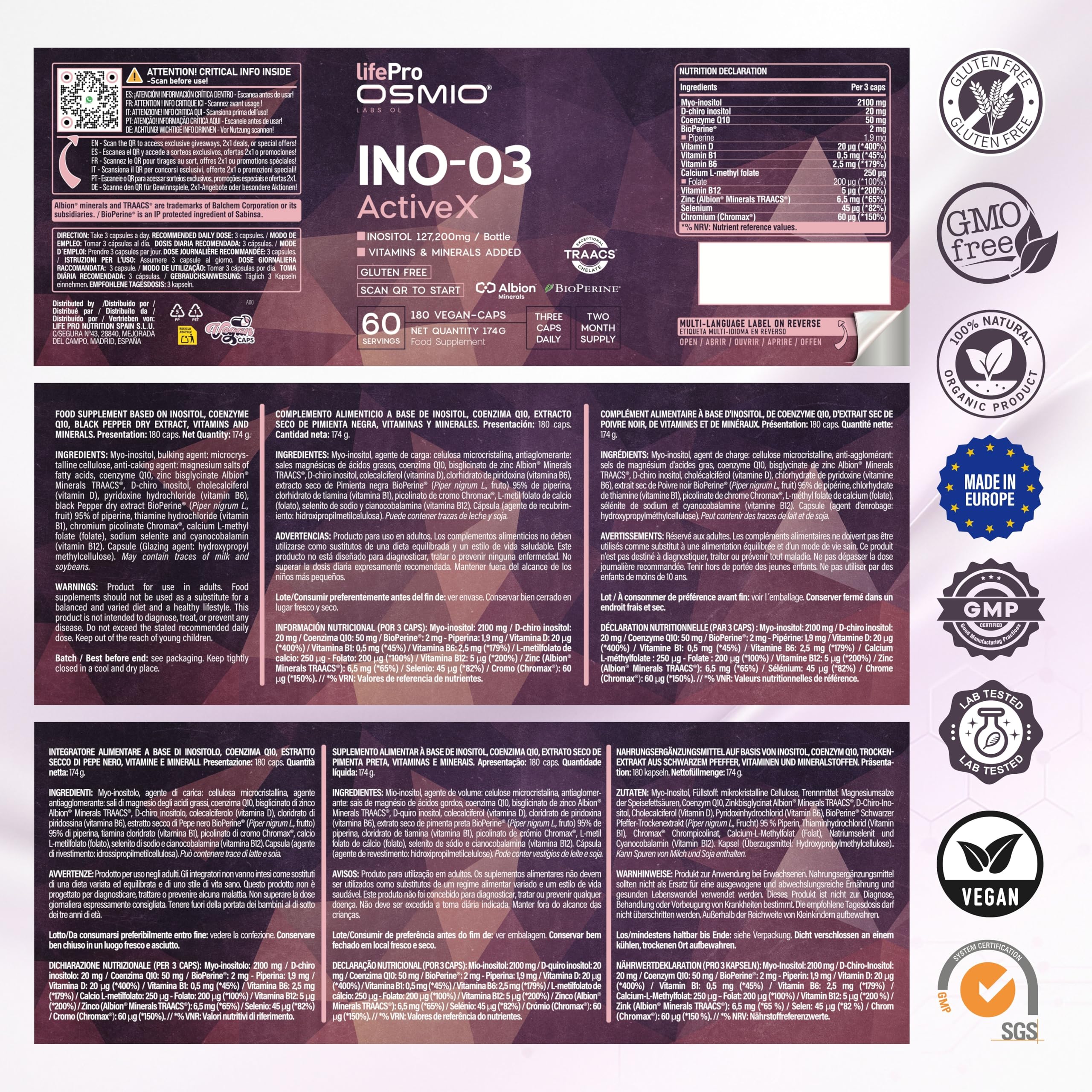 Inositolo 4240mg – Myo Inositolo e D-Chiro – con CoQ10, BioPerine®, Cromo Chromax®, Zinco Albion® TRAACS®, Selenio, Folato, Vitamine B6, B12 e D3 – Equilibrio Ormonale e Energetico Donna e Uomo
