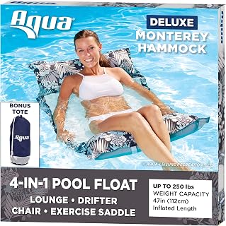 Aqua Leisure 4-in-1 Multi-Purpose Deluxe Monterey Hammock (Saddle, Lounge Chair, Hammock, and Drifter), Supportive Mesh Lining, Easy Fold, DuoLock System for Easy Inflation/Deflation, One Size, Blue