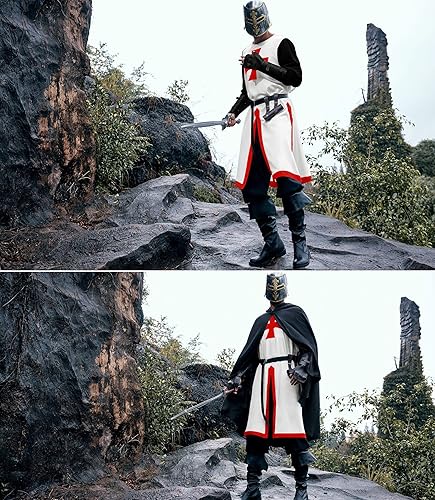 Miniatura 2 de Túnica medieval para hombre, disfraz de caballeros templarios de los cruzados, renacentista, Halloween, guerrero, capa negra de la peste negra para