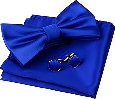 GUSLESON Mens Solid Color Double Fold Pre-tied Bow Tie and Pocket Square Cufflink Set with Gift Box