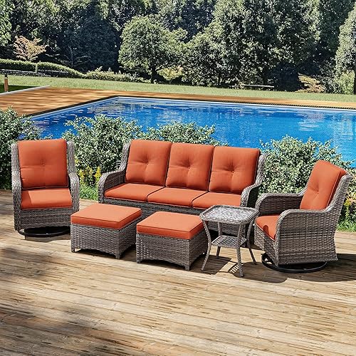 Miniatura 6 de Joyside Juego de muebles de mimbre para patio, juego de 6 piezas con 1 sofá de tres asientos, 2 sillas mecedoras giratorias, 2 otomanas y 1 mesa