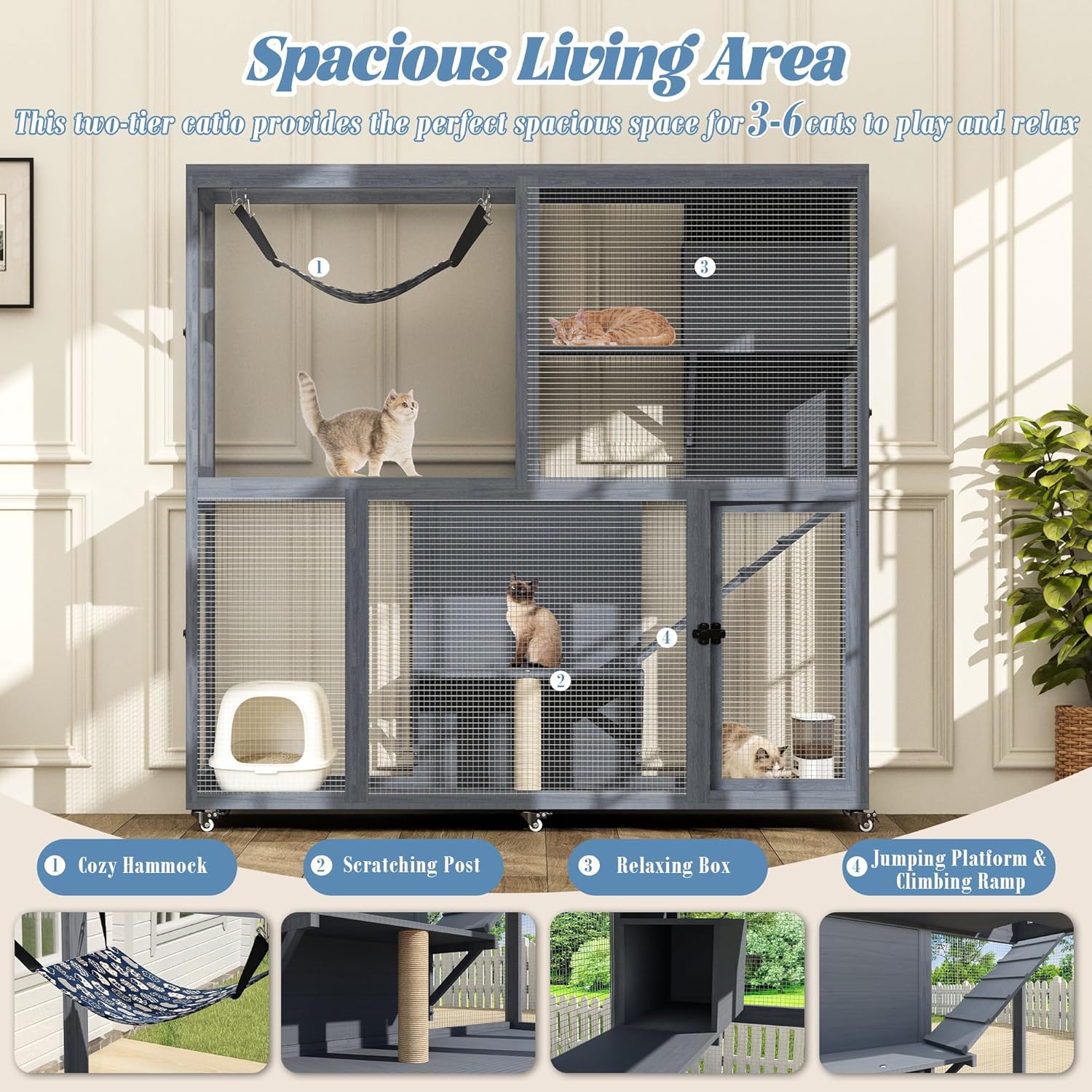MAGIC UNION 4-Tier Large Wooden Catio on Wheels, Mobile Outdoor Cat Enclosure Cage for Multiple Cats, Cat Patio with Waterproof Sunshine Roof, 4 Access Doors, Resting Box & Cat Hammock (Grey)
