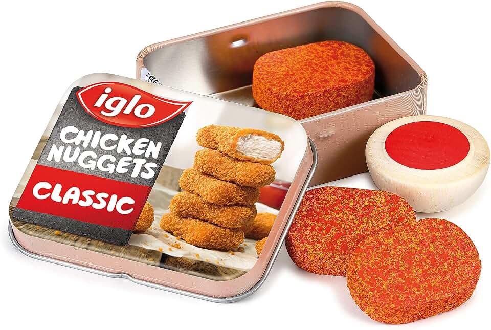Erzi 15160 Chicken Nuggets von Iglo aus Holz in der Dose, Kaufladenartikel für Kinder, Rollenspiele