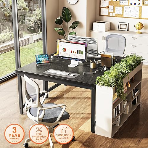 Miniatura 3 de Huuger Escritorio de 48 x 24 pulgadas con tomas de corriente y USB-C, Escritorio más profundo y grueso, Tubos de metal robustos, Escritorio de