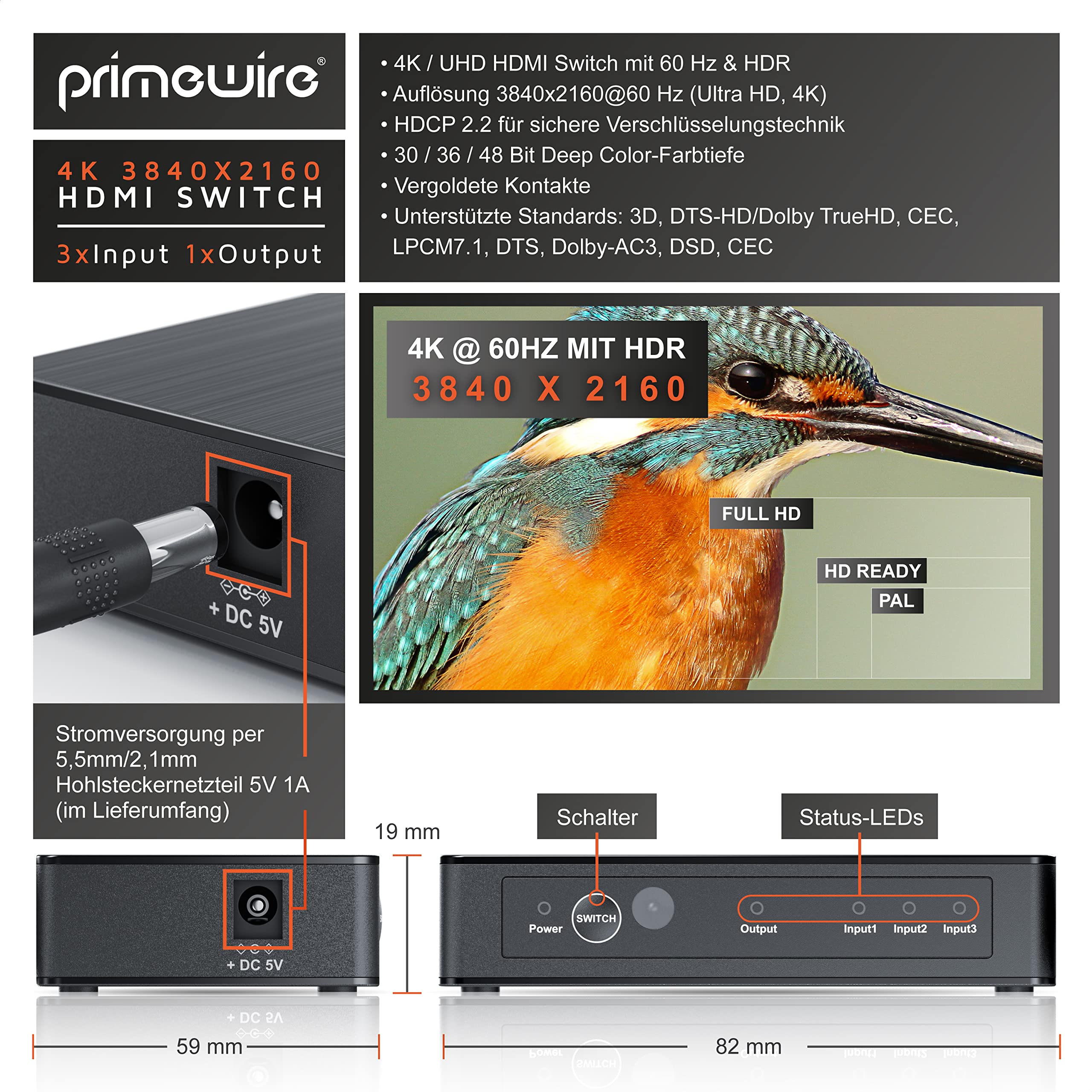 CSL - HDMI 2.0 Verteiler 4k 60Hz - 3 Port Switch mit Fernbedienung - 2.0b Ultra HD 4096x2160 3840x2160 - HDR - 3D Ready - HDCP - 48 Bit Deep Color - automatische Umschaltung -mit Netzteil