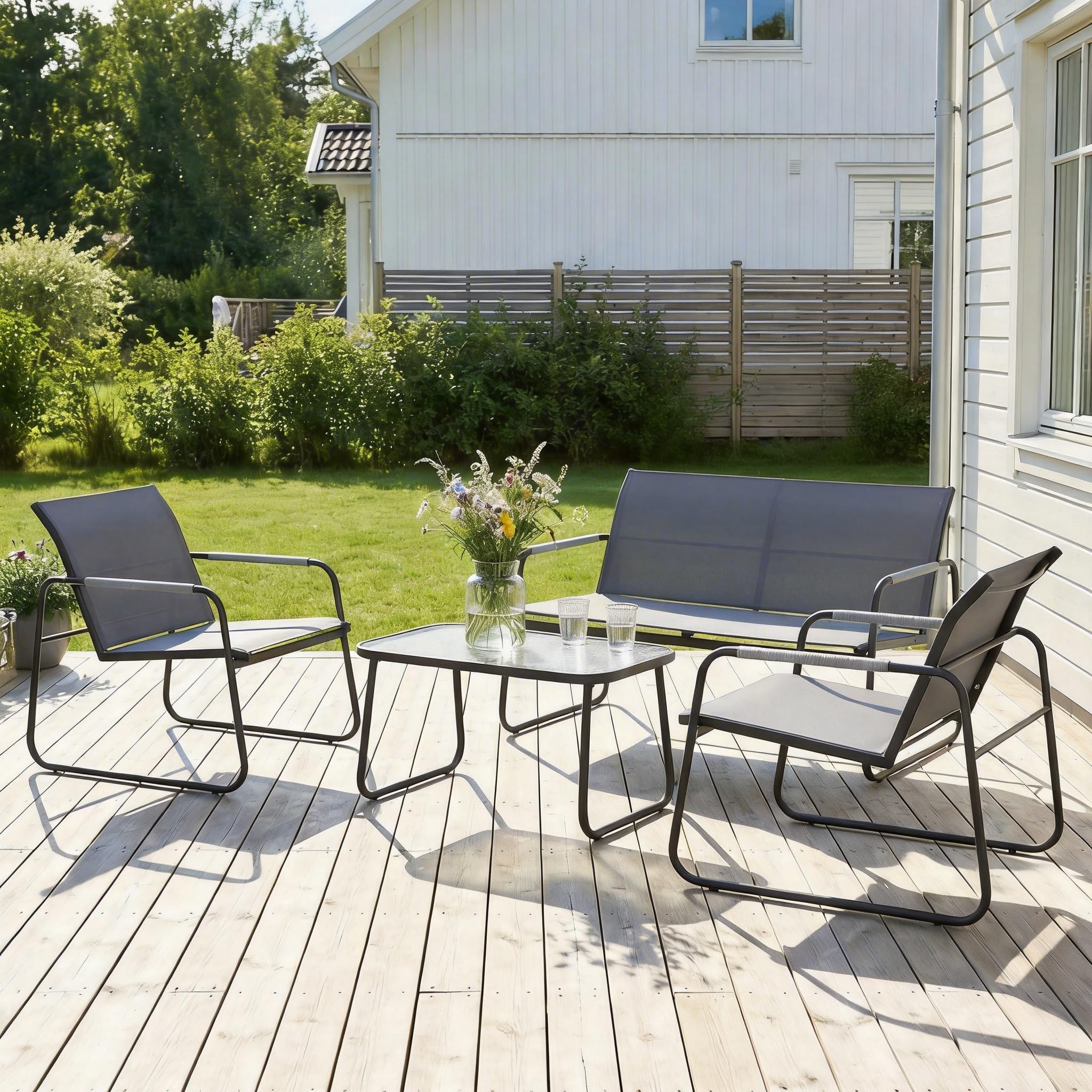 Outsunny Set Salotto da Giardino 4 Pezzi, Mobili da Giardino in Texteline con Tavolo in Vetro Temperato, Acciaio, Grigio