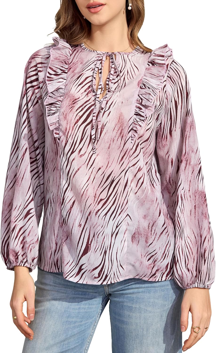 Women's Loose Puff Long Sleeve Tie V Neck Dressy Chiffon Shirt Blouse Ruffle Trim Pullover Western Dusty Rose Soft Mauve Pink Zebra Print Lightweight Summer Casual Vocation Ladies Tunic Top Outfits M