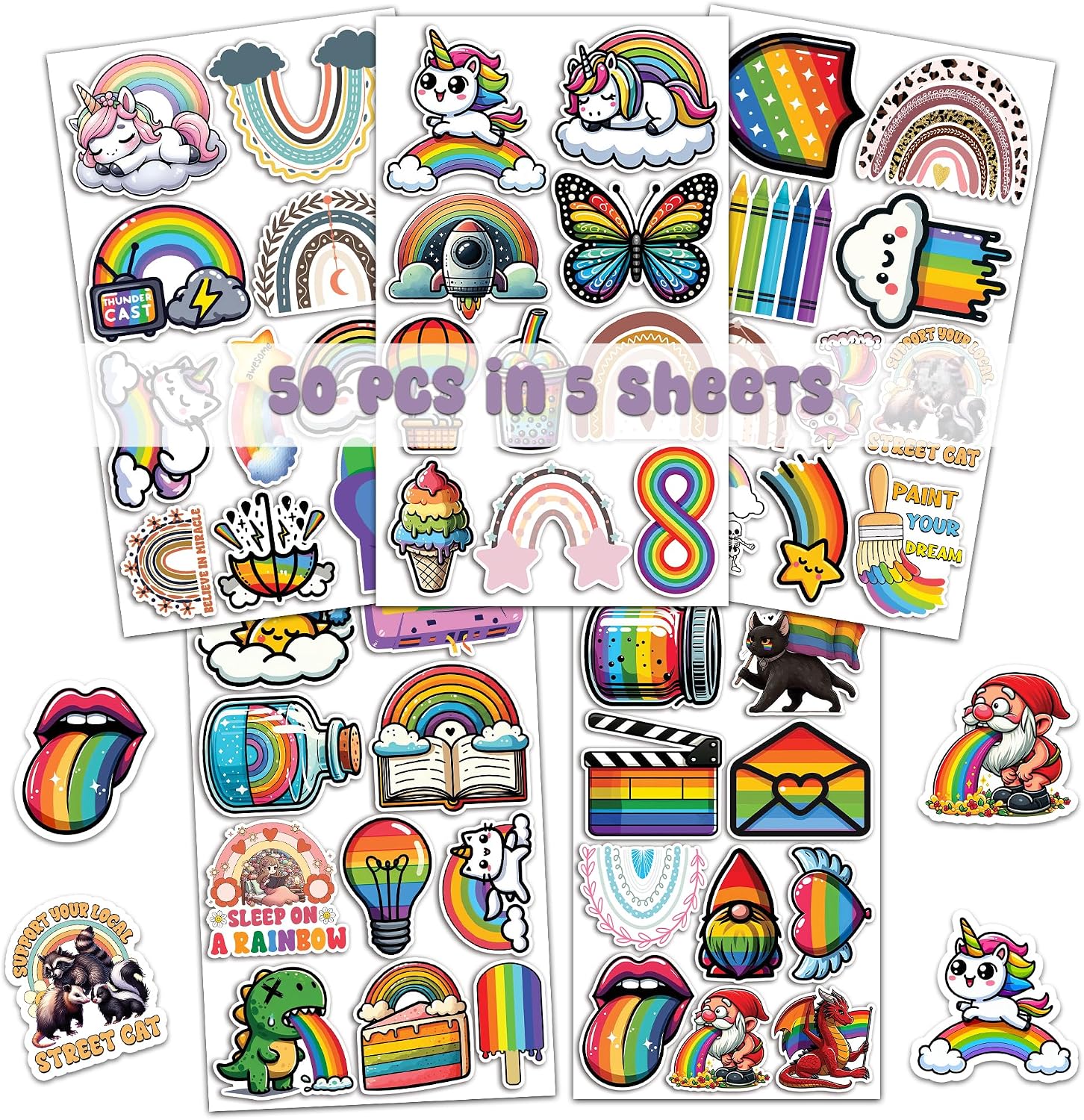 Pack 50 PCS Rainbow Stickers Aesthetic Cute Waterproof Vinyl Decals Small Bulk Set Birthday Decorations Scrapbook Journals Water Bottles Laptop Phone Case for Teens Girls image 3