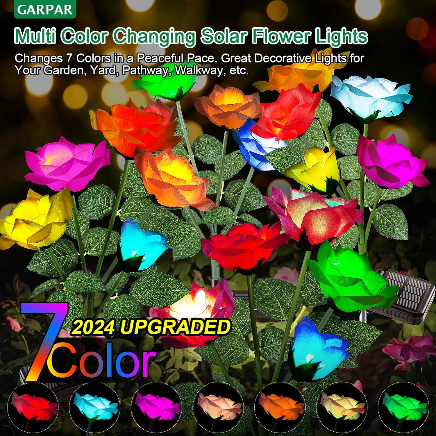 Solar Lights Outdoor Waterproof, 2026 Upgraded Solar Garden Lights with Beautiful & Realistic Rose Flowers, 7 Color Changing Outdoor Solar Lights for Outside Yard Porch Patio Garden Decor, 3 PK
