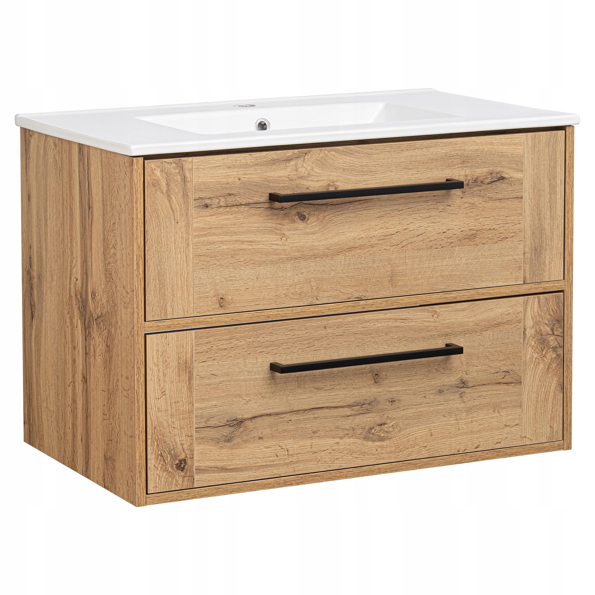 VBChome Hängeschrank 81x56x47 cm Eiche Wotan mit Keramikwaschtisch – Moderne Badmöbel mit Soft-Close-System und Metallgriffen