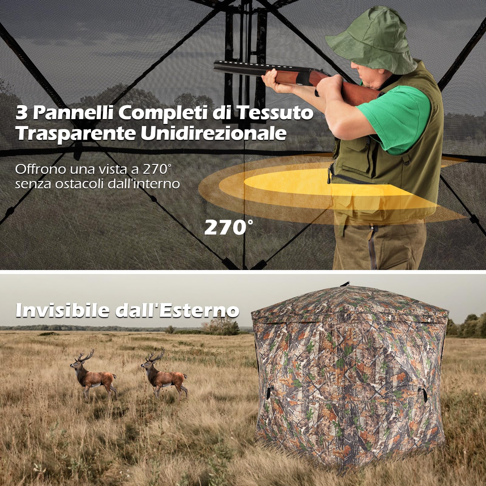COSTWAY Tenda da Caccia per 2-3 Persone, Tenda Mimetica a 270° per Caccia, Tenda Pop-Up Camouflage con Porta Magnetica Silenziosa, 4 Finestre e Borsa da Trasporto, 146 x 146 x 170 cm