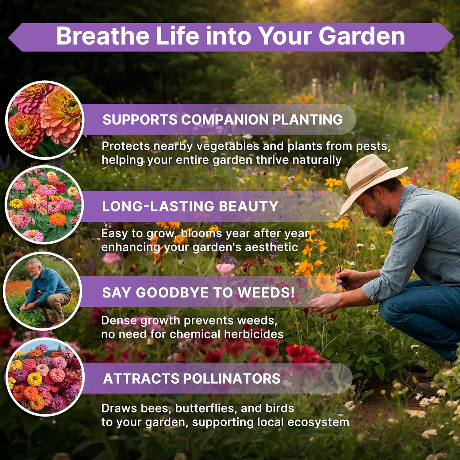 Zinnia Seeds Pack 4 oz - Over 15,300 Non-GMO Heirloom Zinnia Seeds for Planting, Annual Flowers in Individual Seed Packet for Planting Home Garden Indoor & Outdoor Gardening (Pack of 2)