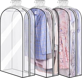 MISSLO 3-Pack 40" Clear Gusseted Garment Bags with 10" Gussets - Waterproof Hanging Suit Covers for Shirts, Coats, Dresses, Closet Storage
