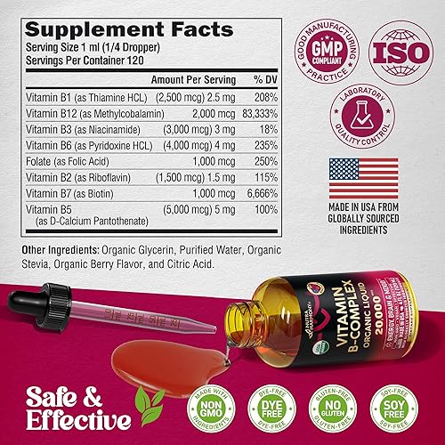 Miniatura 26 de Complejo de Vitamina B en gotas (USDA Organic) - Ácido pantoténico B5, metilcobalamina B12, tiamina B1, piridoxina B6, biotina B7, ácido fólico B9