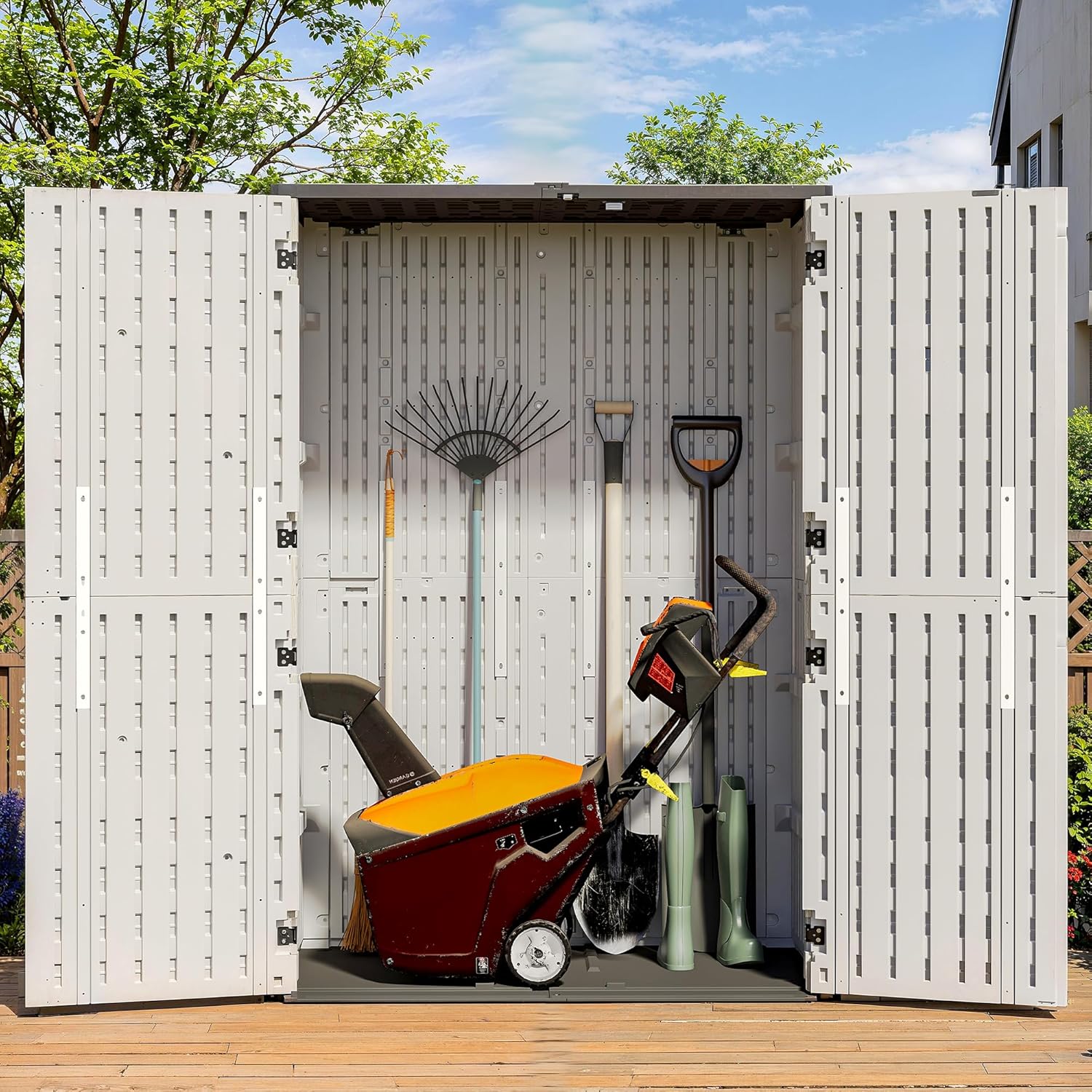 65 Cu.Ft Outdoor Storage Shed, Lockable Outdoor Vertical Resin Storage Cabinet with Floor, All-Weather Waterproof Shed for Garden, Backyard, Pool (65 cu ft)