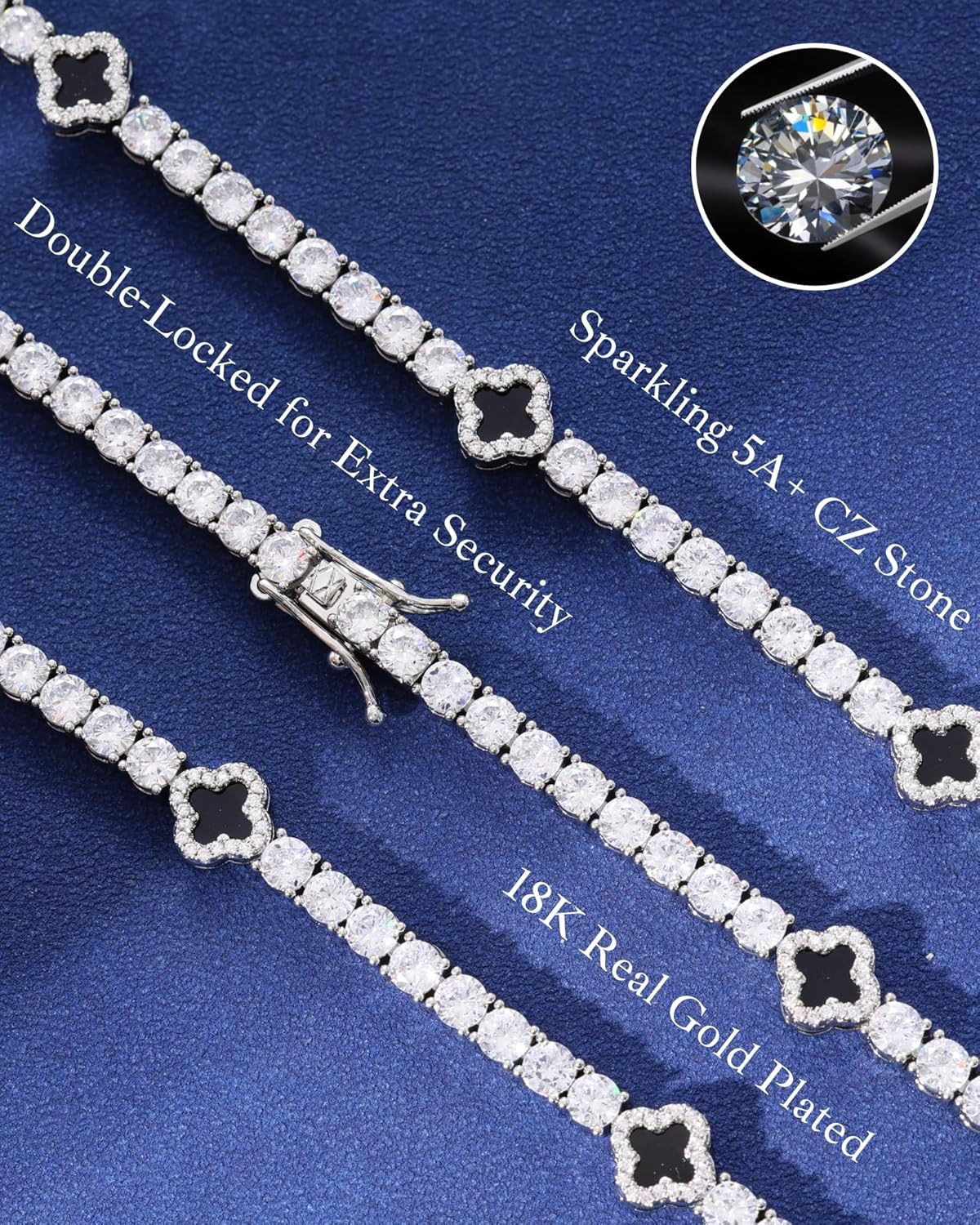 LuxeFlex 4mm Iced Out Four Leaf Tennis Chain,White Gold Plated with 5A Zircon Stones, exquisite Handmade Hip Hop Bling Necklace Perfect Unisex Jewelry Gift - Image 2