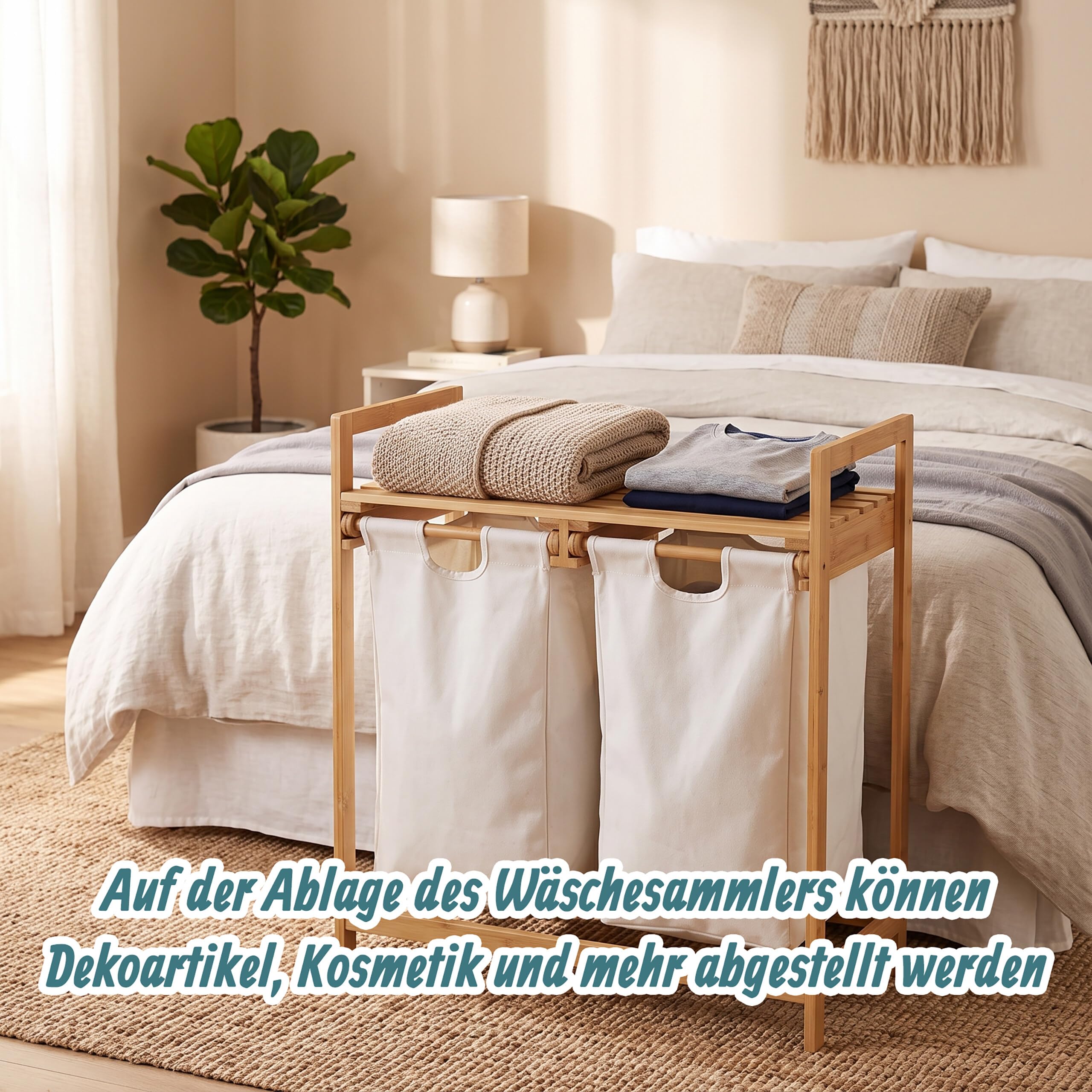 Relaxdays Wäschekorb Bambus, Wäschesortierer mit Ablage, 2 Fächer, ausziehbar, tragbarer Wäschebehälter, 60 Liter, Natur, 1 Stück, Weiß