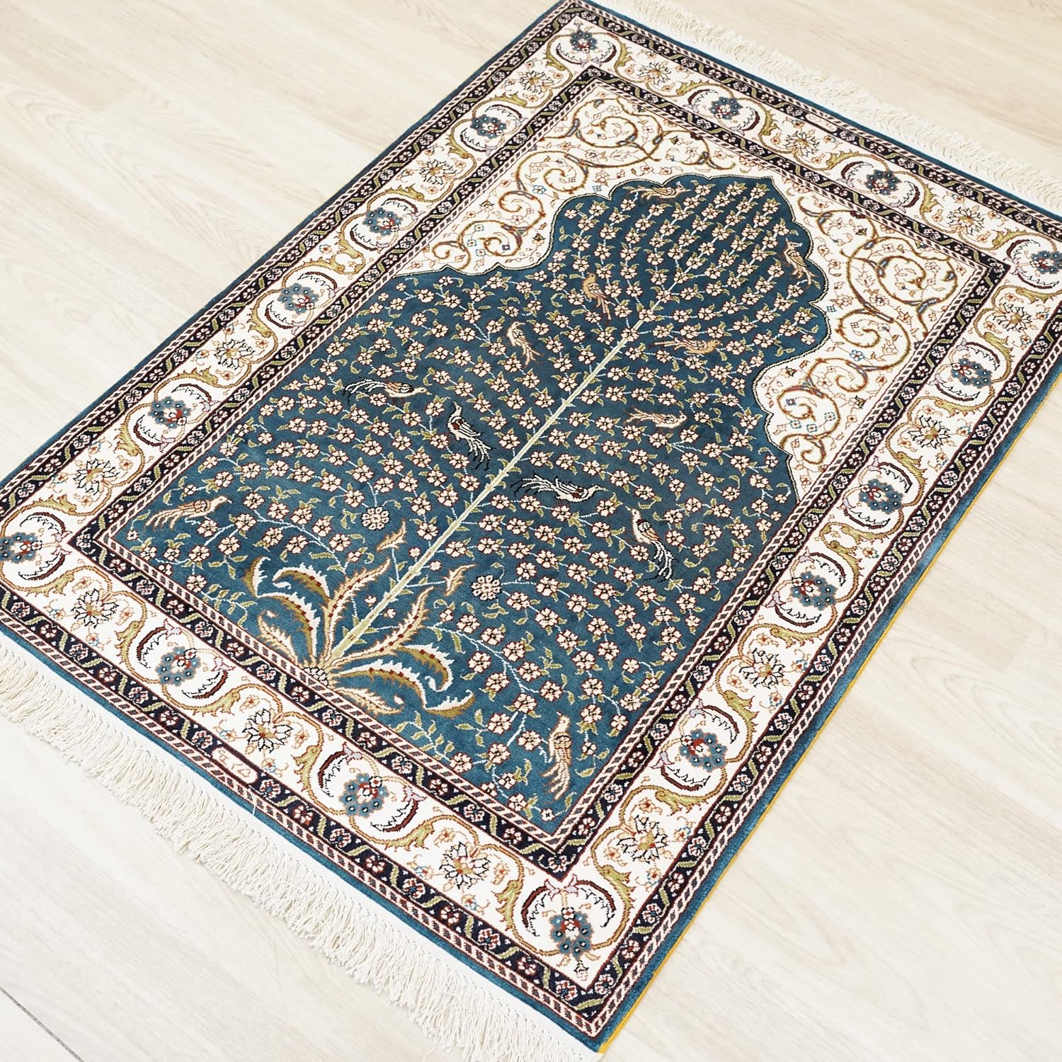 TIANJIANG Carpet 2.7x4ft Small Silk Hand Knotted Carpets Prayer Rug(Blue)