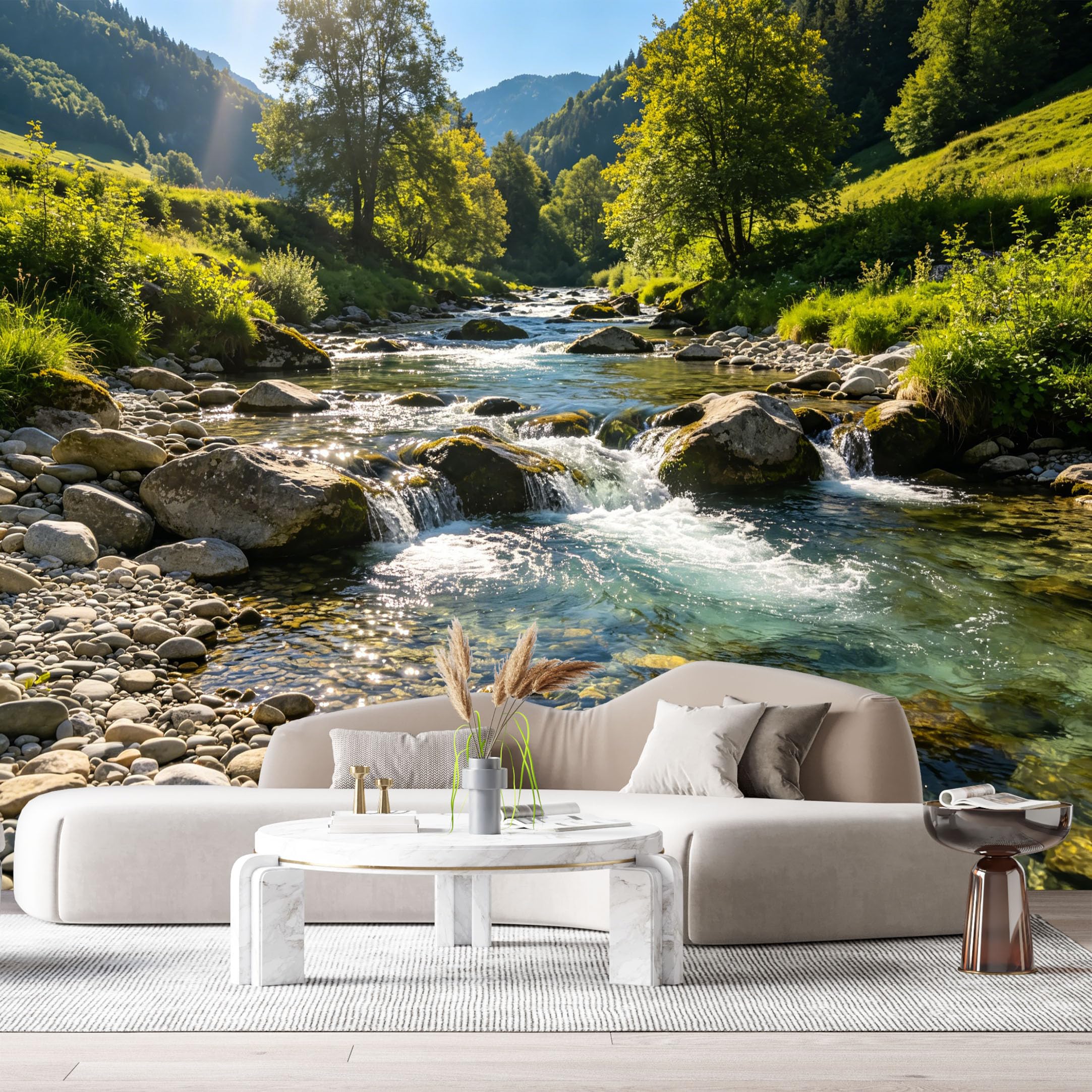 Custom Size Wall Murals Mountain Lake Landscape Clear River Rocks Forest Valley Sunlight SelfAdhesive Wall Fabric Removable Large Wallpaper for Photo Living Room