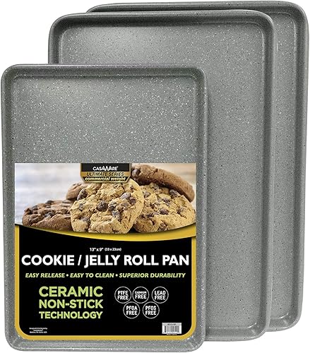 casaWare Juego de 3 hojas de galletas de peso comercial, dos sartenes de 15 x 10 pulgadas, una sartén de 13 x 9 pulgadas (granito plateado)