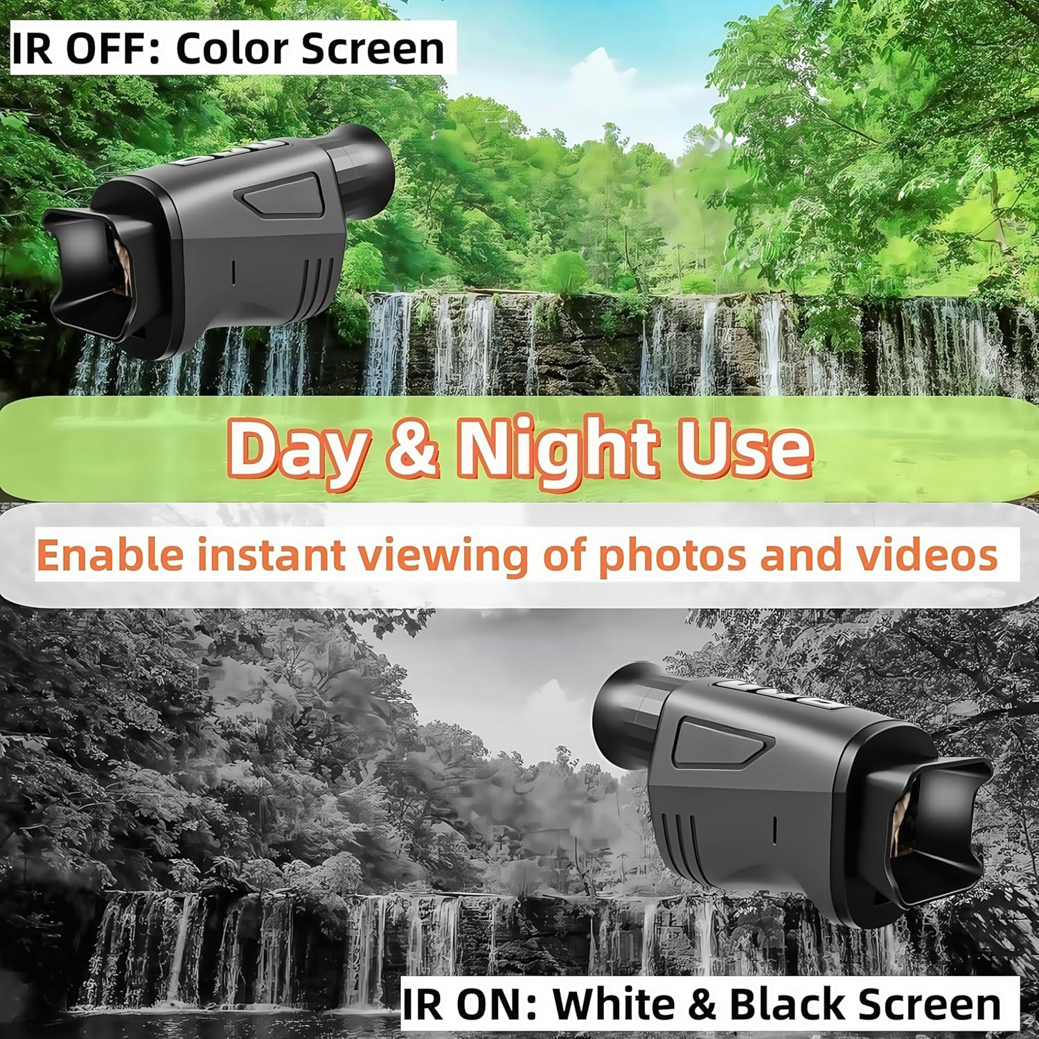 Comparison of day vision (color screen with IR off) and night vision (black and white screen with IR on)