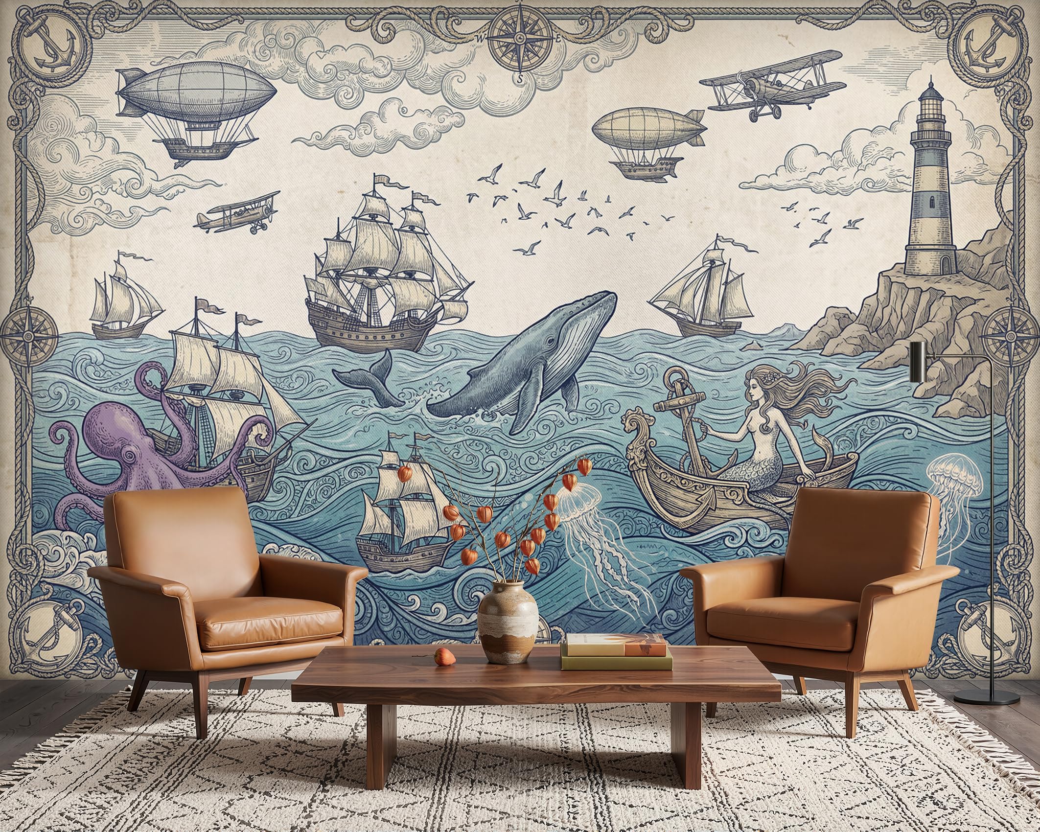 PaxGloz Vintage Nautical Wallpaper, Blue and Beige Marine Life Maritime Wall Mural for Living Room & Bedroom Kids Playroom, Non-Woven Decorative Wall Art 300x210 cm