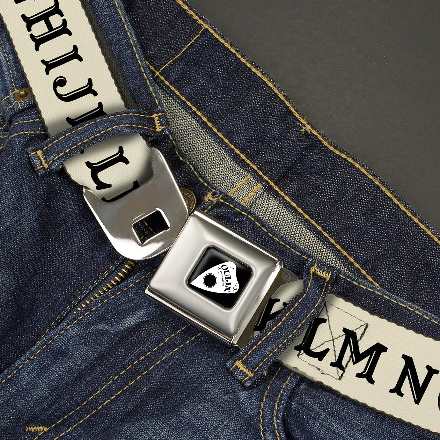 Ouija Board Belt, Seatbelt Buckle, Ouija Board Letters and Elements Beige Black