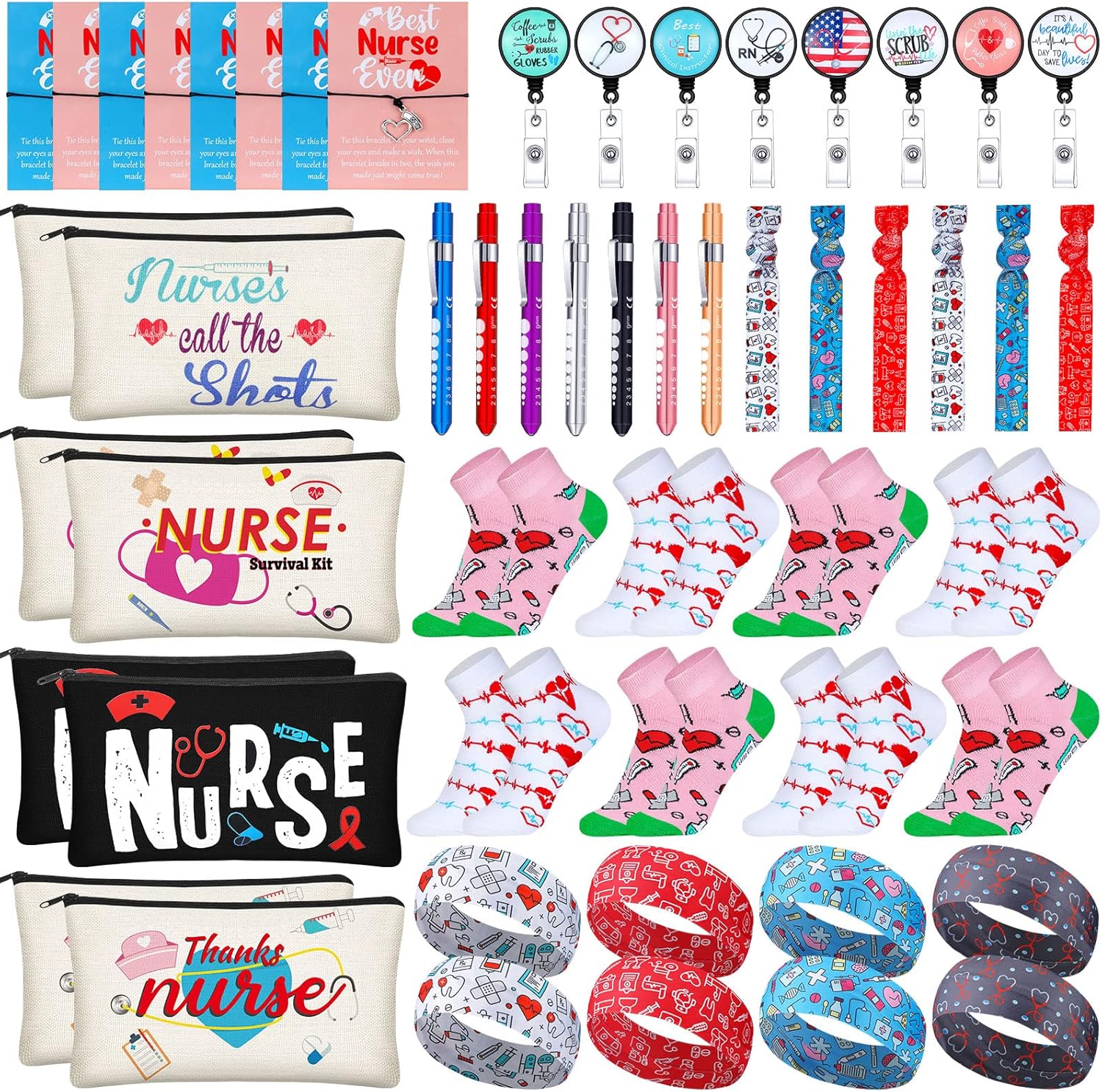 Buryeah 72 Pcs Nurses' Day Appreciation Gift Sets Bulk Nurses Week Gifts Bulk 2026 Graduation Present Women Socks Makeup Bags Penlight Badge Reels Headband Bracelet Hair Rope for Doctors Pharmacists
