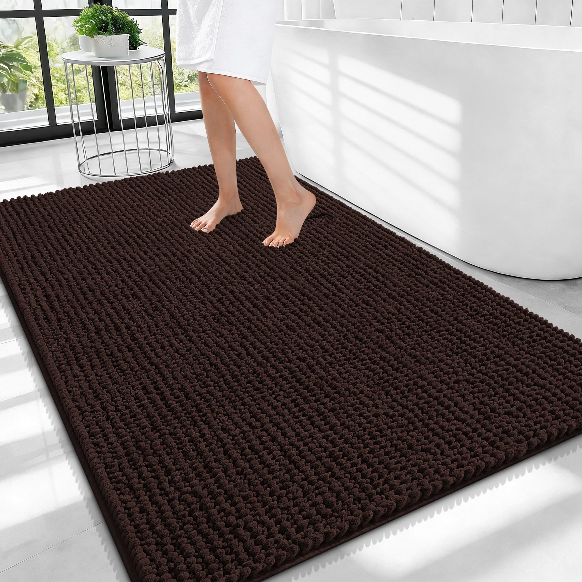 OLANLY Thick Chenille Large Bathroom Rugs 40x32, Absorbent Bath Mat, Brown