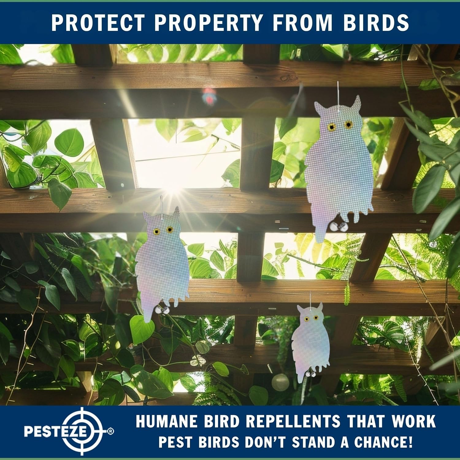 PESTEZE USA Owl Bird Repellent Holographic Decoy with 2 Bells [9 x 15 inch] to Deter Woodpeckers, Pigeons, Crows, Ducks, Geese & Critters Using Reflective Scare Patterns for Humane Property Protection image 2
